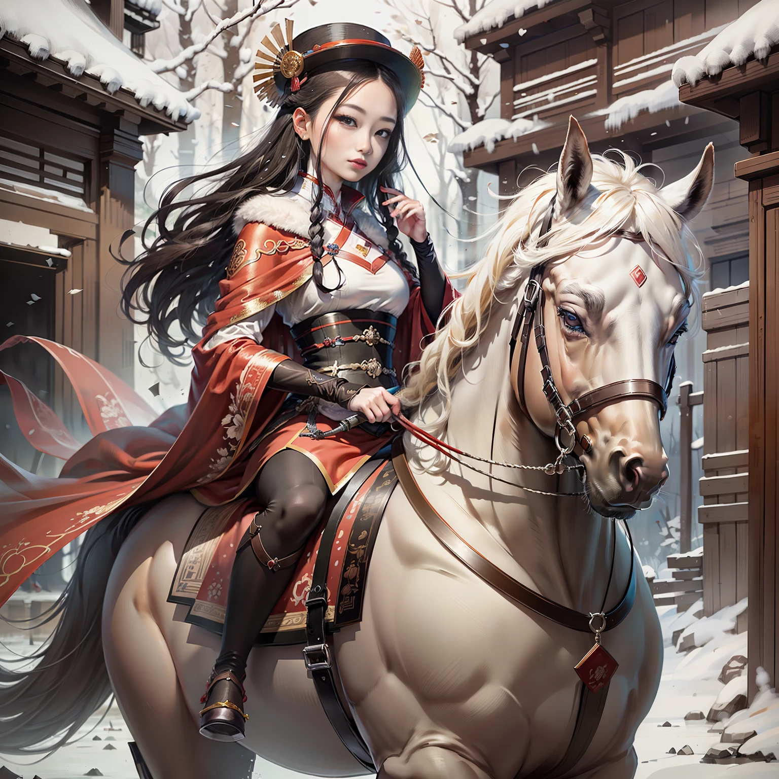4K Tang Dynasty Young Female Official, Cut Fabric, Red Robe, Elegance, Horseback Riding, Highly Detailed, Majestic, Digital Photography, Surrealist Painting, Beautiful (Masterpiece, Side Light, Fine Beautiful Eyes: 1.2)