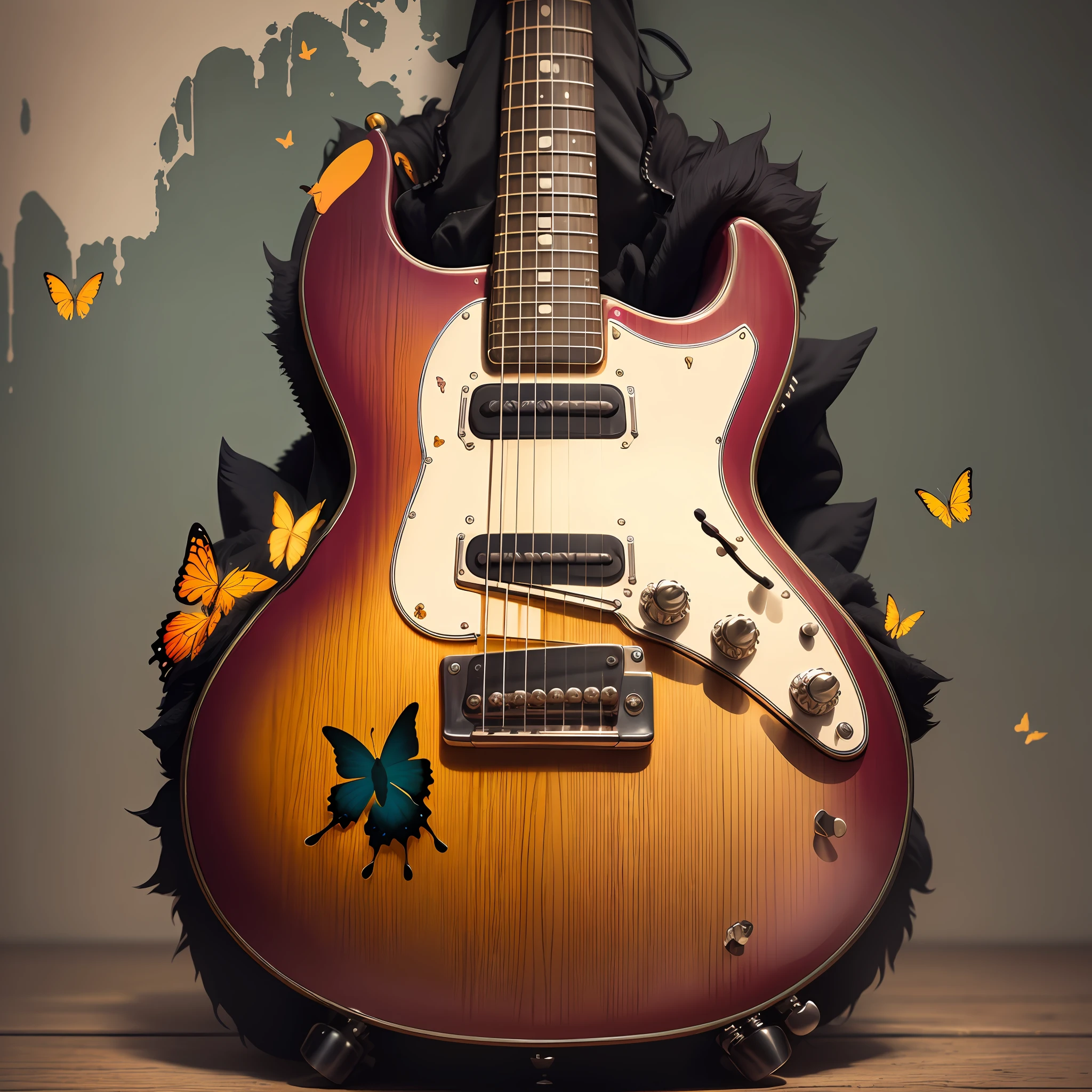 Poster advertised a classic guitar, faded background of subdued colors, multicolored butterflies surround the guitar, musical notes flying around the guitar, slight fog in front of the guitar, many details, black lines furtes, 32 k --auto --s2