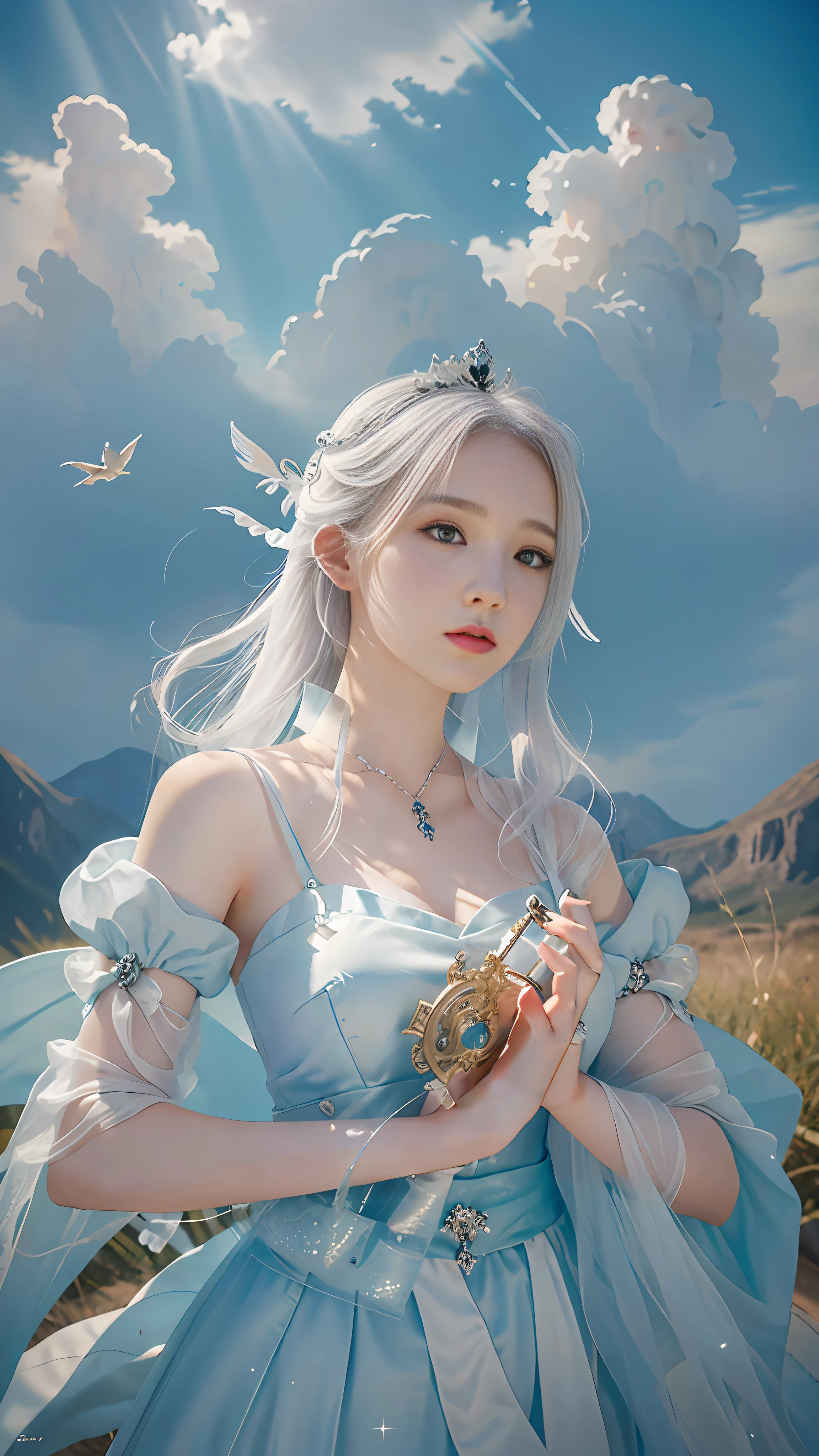A painting of a woman holding a colored divine stone and divine fire, looking up at the sky, and the sky is just below her tail Snake woman mixed, mythical colors, Morebach, Peter Molbach's style, Peter Molbach's style, Peter Molbach's style of art 2 0, Art style in Morebach, Peter Molbach style, snake woman in white gauze dress, In Peter Molbach's style, The Serpent Queen has no legs, Peter Molbach and artistic reproduction, looking up at the sky, depth of field fairy under fan, white hair, white gauze skirt, fairy under fan, sky collapse, Divine Light Protector