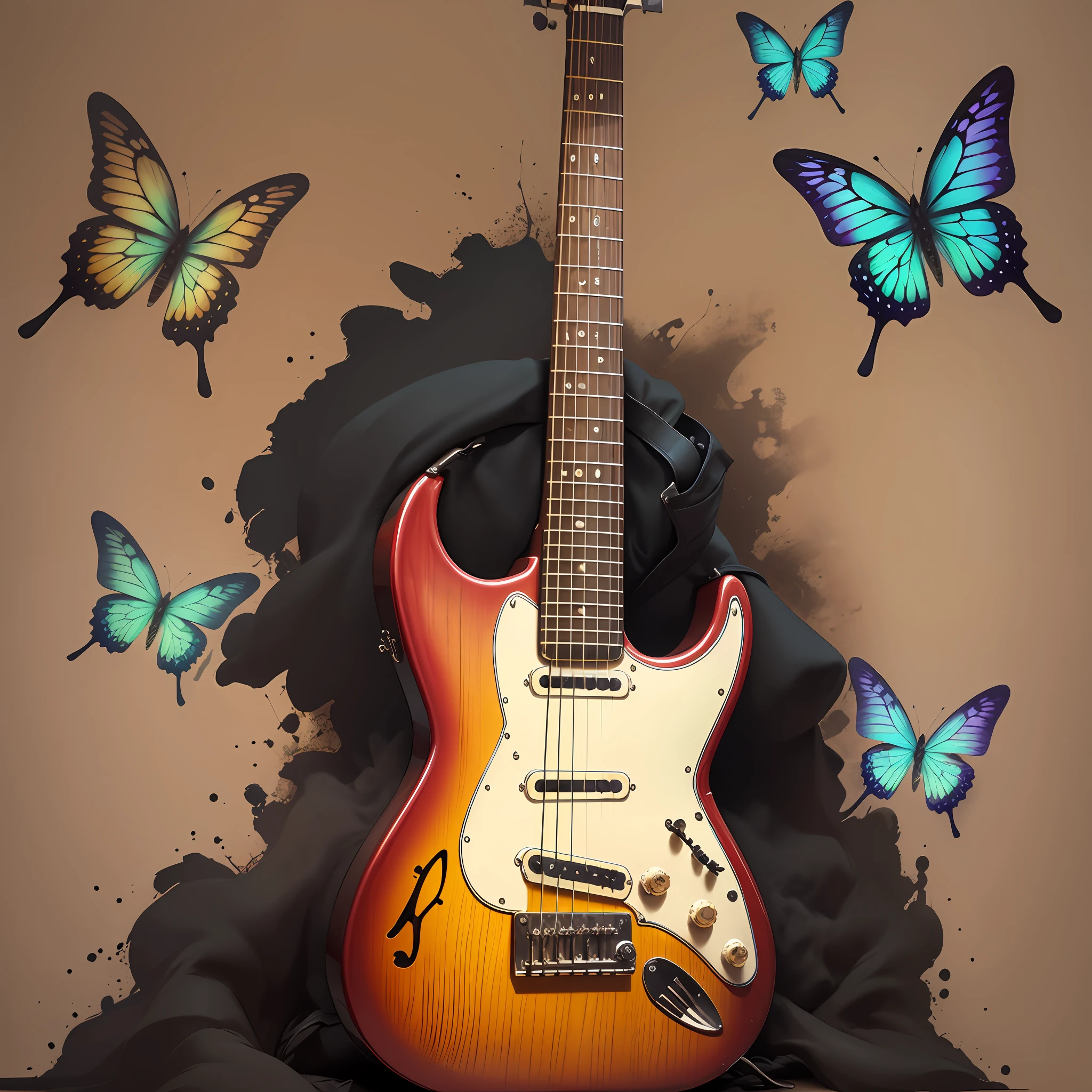 Poster advertised a classic guitar, faded background of subdued colors, multicolored butterflies surround the guitar, musical notes flying around the guitar, slight fog in front of the guitar, many details, black lines furtes, 32 k --auto --s2