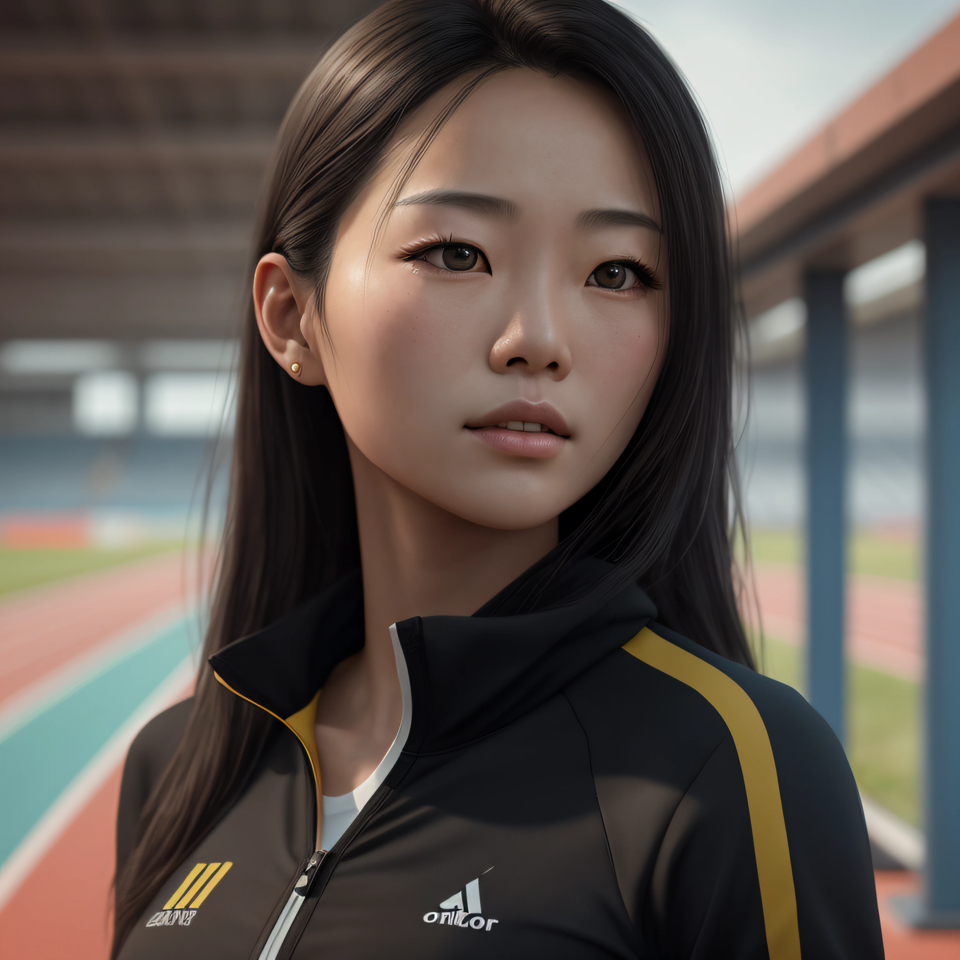 Beautiful mature Chinese female high school student, wearing track suit, long black hair, on the track and field, ((slim, petite)), photorealistic realism, photorealism, masterpiece, realism, photorealistic realism, high contrast, photorealistic digital art trends in Artstation 8k HD HD detailed realistic, detailed, skin texture, super detailed, realistic skin texture, armature, best quality, super high resolution, (realism: 1.4),, high resolution, detailed, raw photo, sharp, by lee jeffries nikon d850 film stock photograph 4 kodak portra 400 camera f1.6 lens rich colors ultra-realistic realistic textures dramatic lighting UnrealEngine ArtStation Cinestill 800 trend, --auto