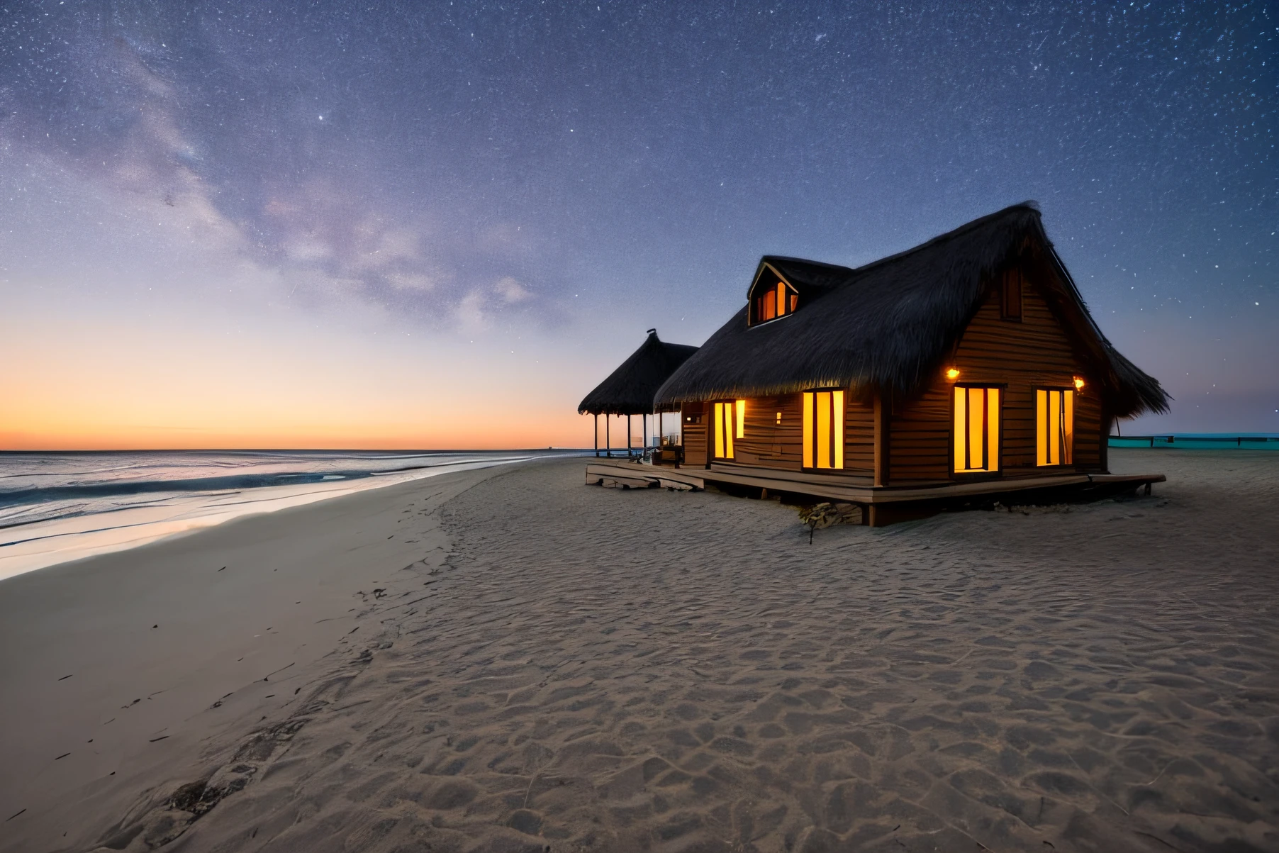 REST, HOUSE ON THE BEACH, DUSK, STARRY, BONFIRE, BEACH, BEST QUALITY, cosmo