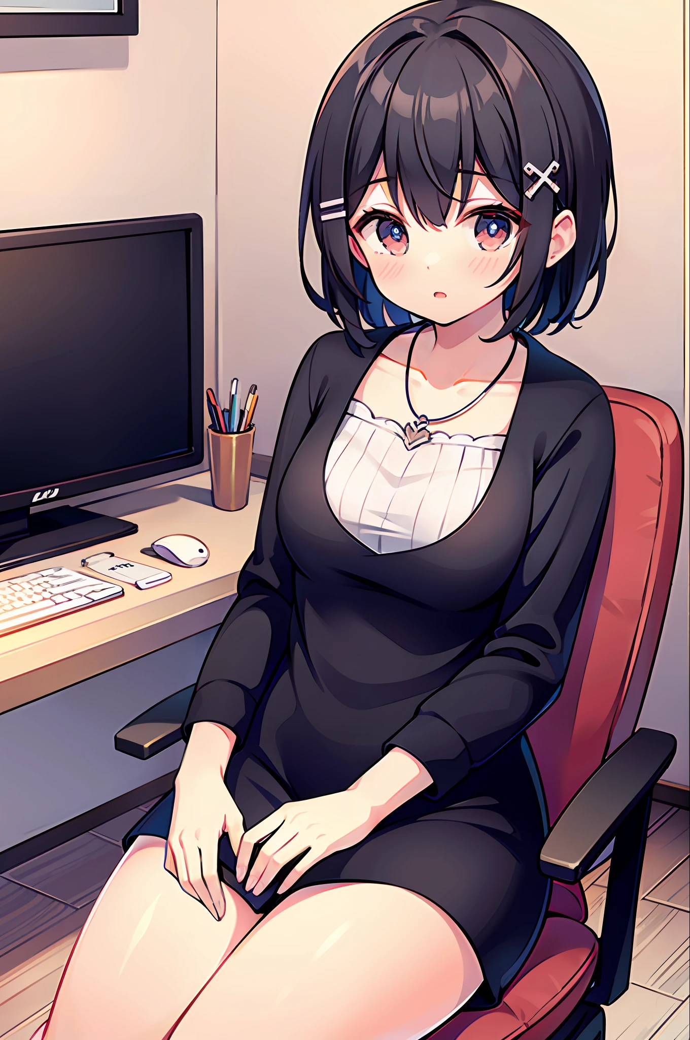 Top Quality, Ultra High Resolution, 16 year old girl 1 person, short hair, black hair, hair ornament, indoors, office, computer use, blouse, necklace