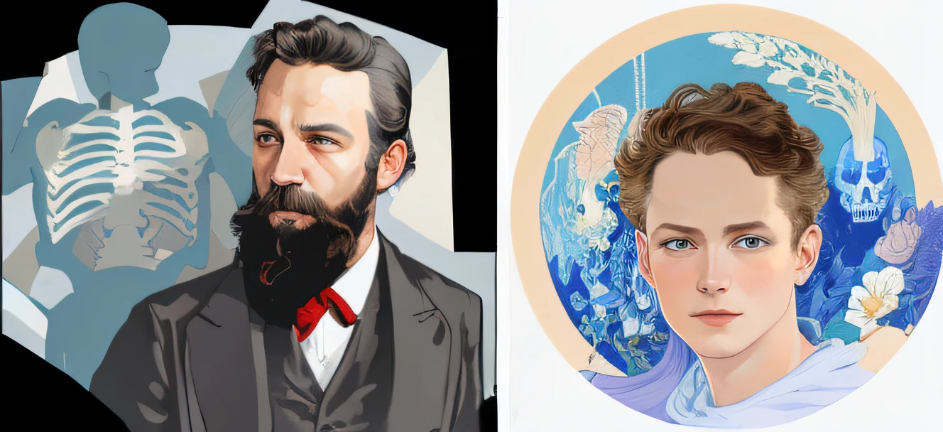 two different pictures of a man and a woman with a skeleton, monet and da vinchi art style, ernst haeckel and artgerm, artem demura and alphonse mucha, thomas kinkade and tristan eaton, mucha and artem demura, gakkin and ernst haeckel, james jean & alphonse mucha, detailed portraits