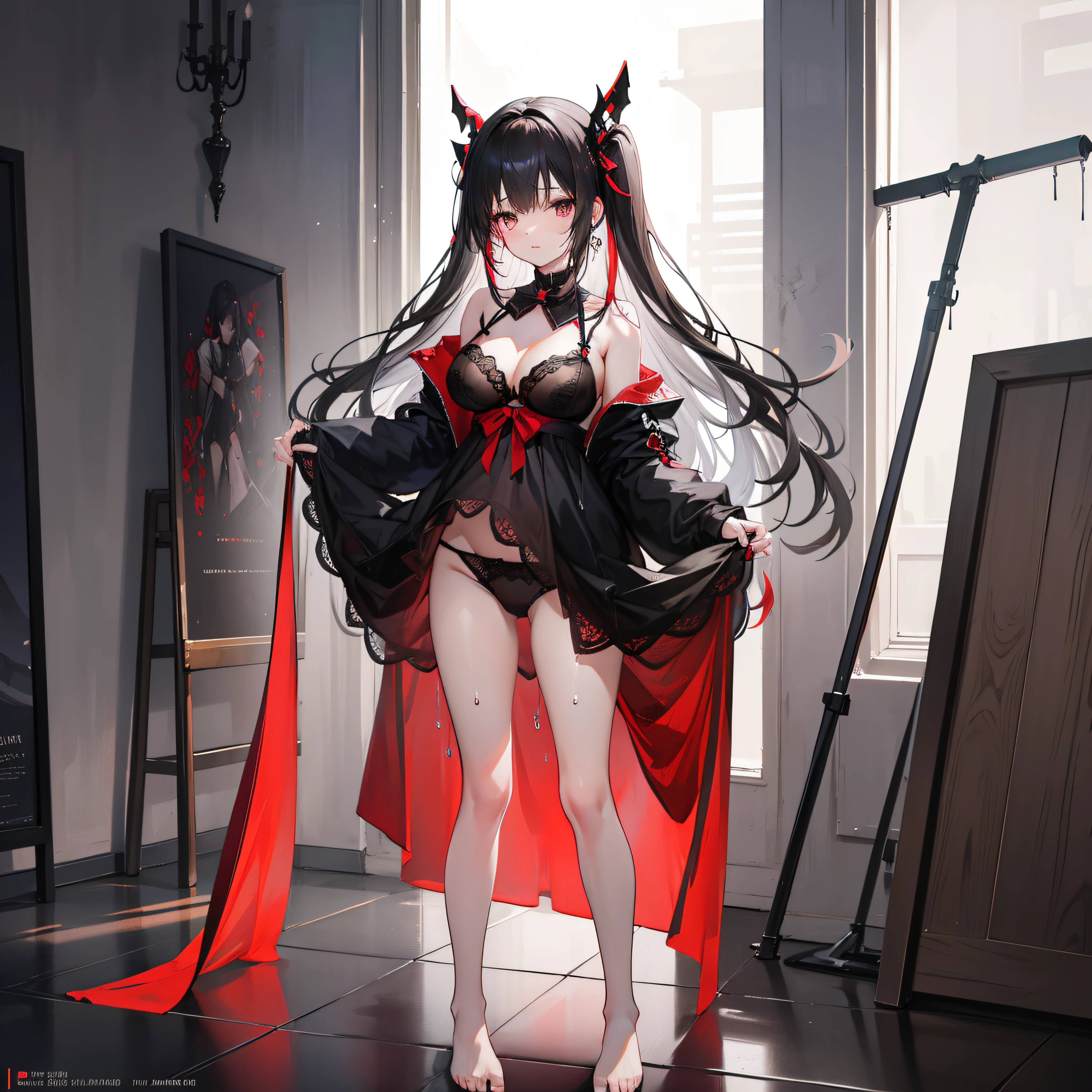 1girl, featuring panties, black lingerie panties, black lace stockings with red details, masterpiece, best quality, very detailed, opening between leg, wet panties 1girl, holding panties, upper body, rizu-kyun, black panties,, masterpiece, best quality, highly detailed, full body, large legs, only black panties, standing, bare feet