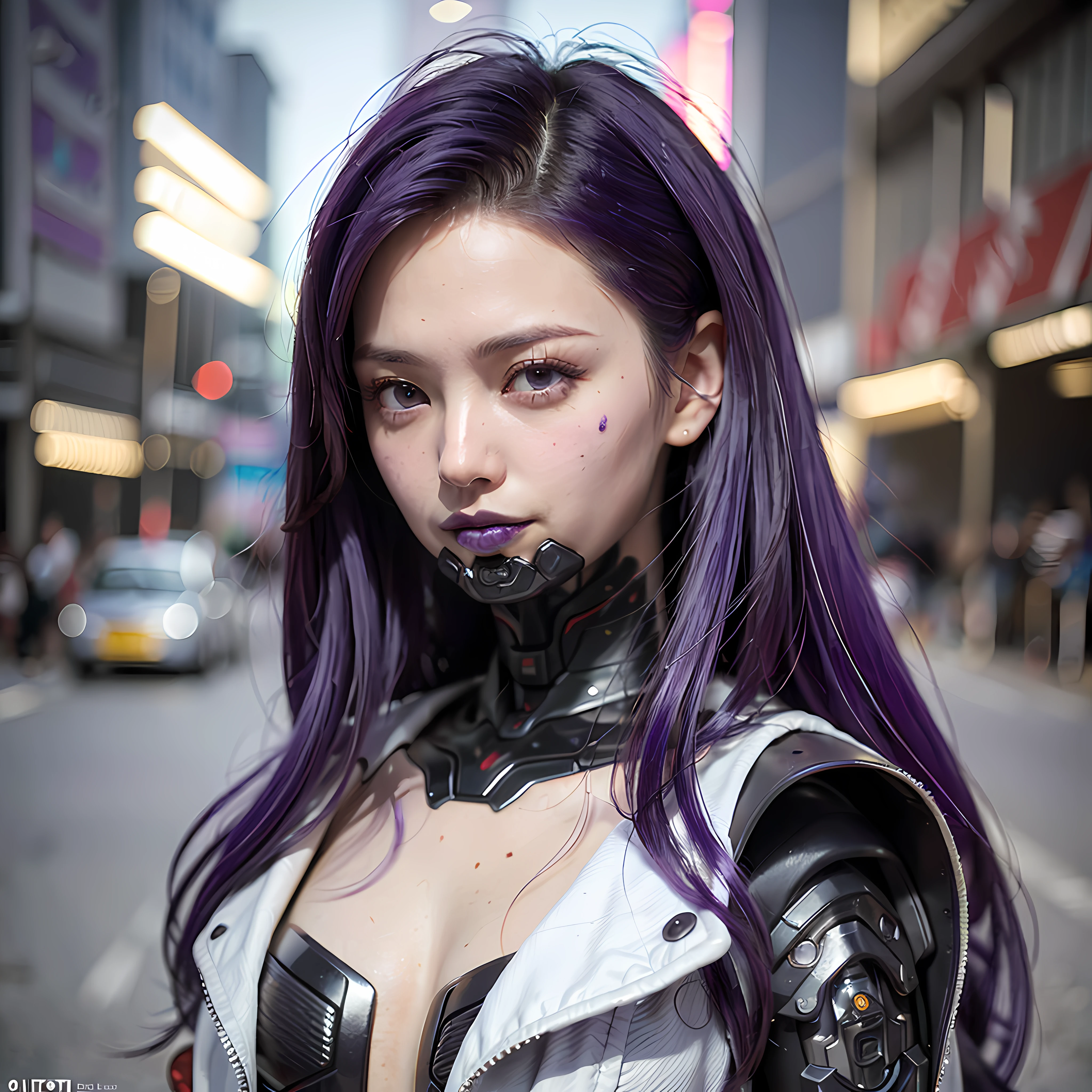 (Photorealistic:1.4), (Best Quality:1.0), (Ultra Resolution:1.0), (8K, RAW Photo), (Masterpiece:0.2), Portrait, Facial Focus,
(Cybernetic_Jawless), mask, mechanical parts, cybernetics, 1 girl, asian girl, jacket, (long hair:1.5), (purple hair:1.5),
Cyberpunk Street background, (neon: 1.2),