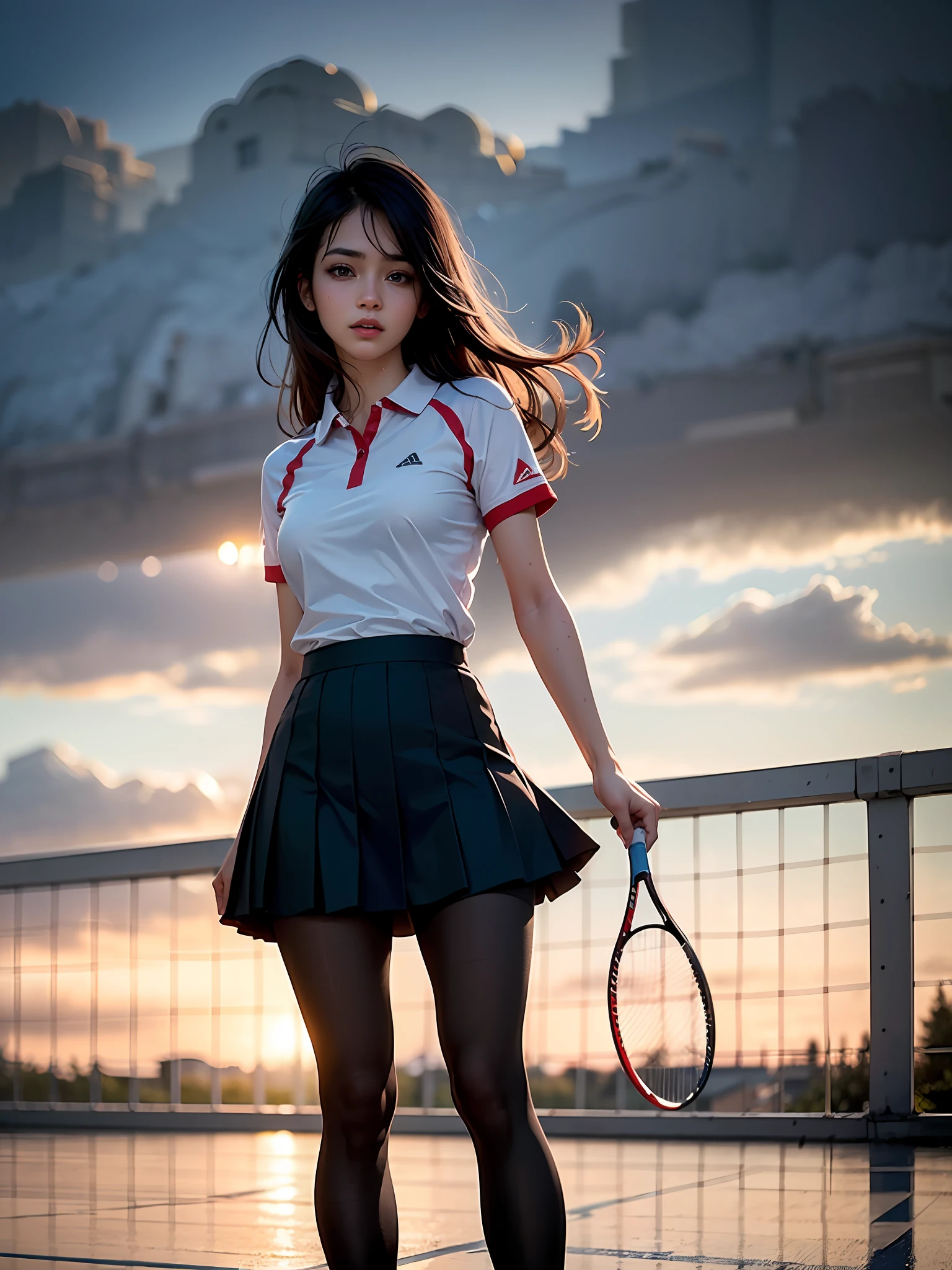 (8k, Best Quality, Masterpiece: 1.2), (Realistic, Realistic: 1.37), Ultra Detailed, Best Quality, Ultra High Resolution, Professional Lighting, Photon Mapping, Radiosity, Physically Based Rendering, Cinematic Lighting, Clear sky, basketball court, depth of field, clear focus, sunlight, good composition, (Bokeh: 1.2) 1girl, single person, (full body), (closed mouth), beautiful detailed eyes, pose, narrow waist, tennis skirt, tennis skirt, tennis clothes, black hair, messy hair, long hair blowing in the wind, (ulzzang-6500:1.2), pantyhose, (rain, perspective, wet shirt, wet hair, wet clothes: 1.2 ),