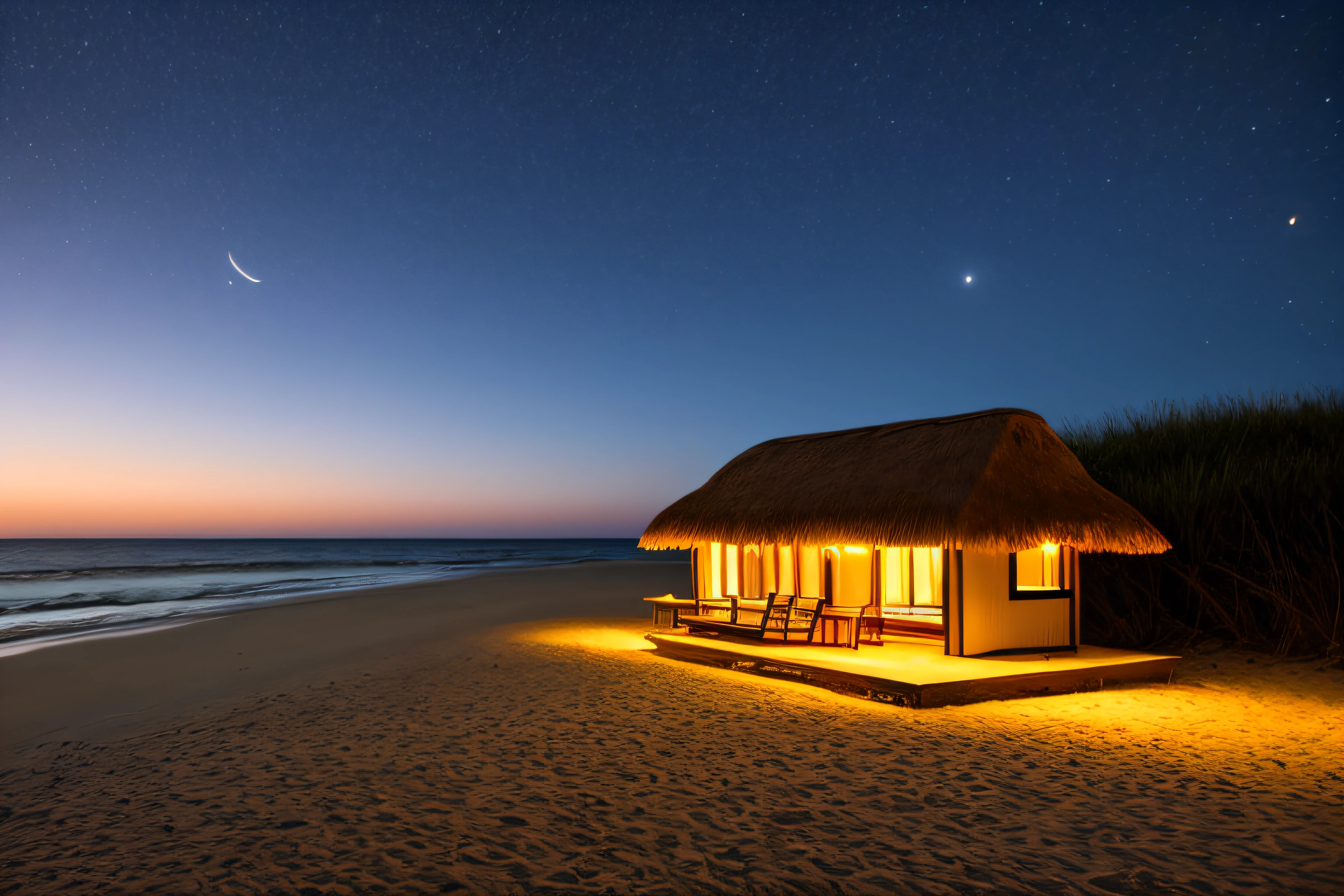 REST, HOUSE ON THE BEACH, DUSK, STARRY, BONFIRE, BEACH, BEST QUALITY, cosmo