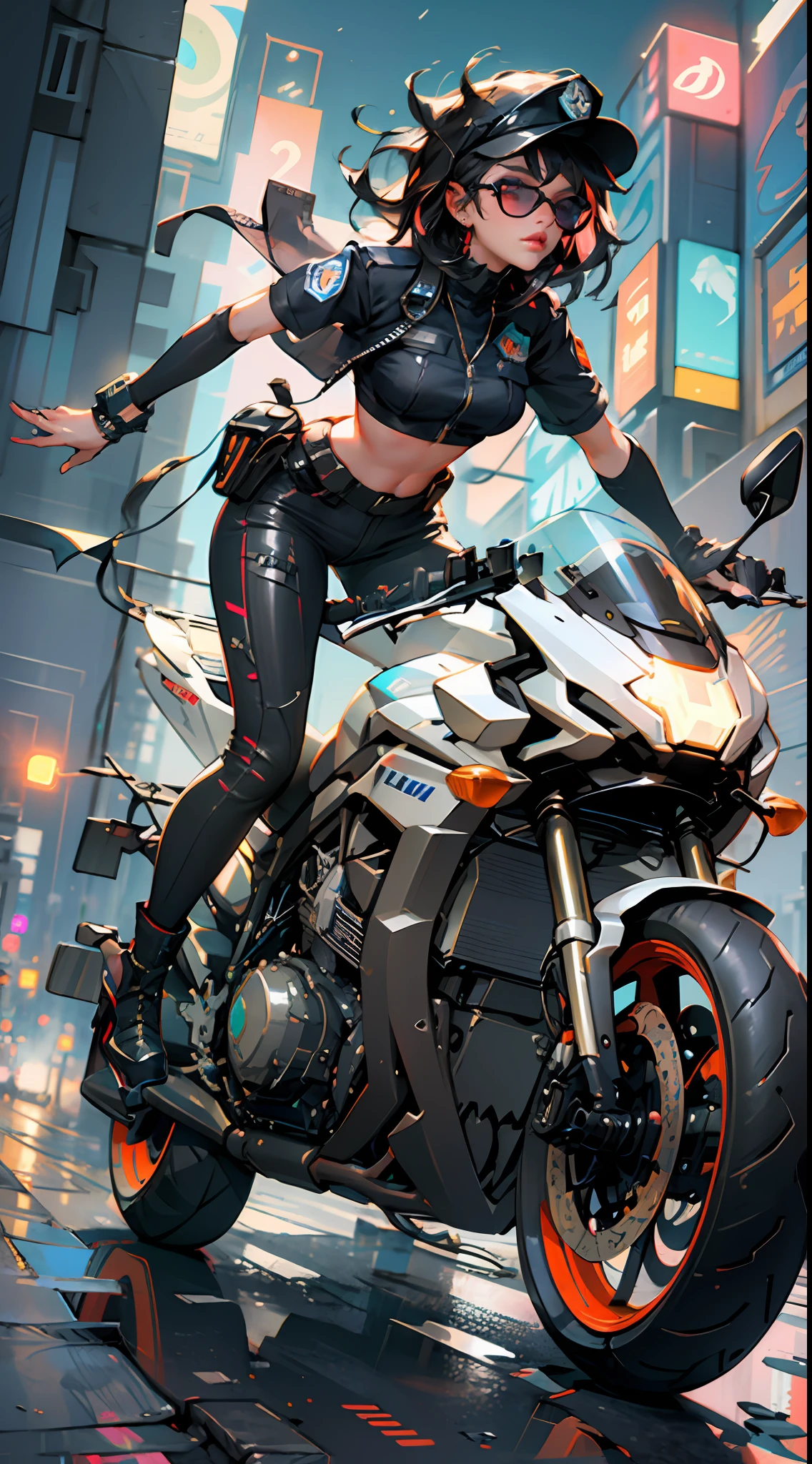 Beautiful woman medium hair, wearing cap, cyberpunk style short clothes, cyberpunk police woman, tomboy, Traffic Police, flying futuristic police motorcycle, police hovercycle patrol, night, neons