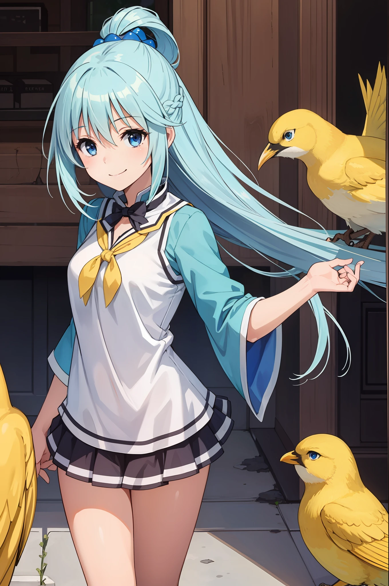 masterpiece, best quality, 1girl, aqua_konosuba, long hair, light blue hair, blue eyes, smile, yellow bird flying