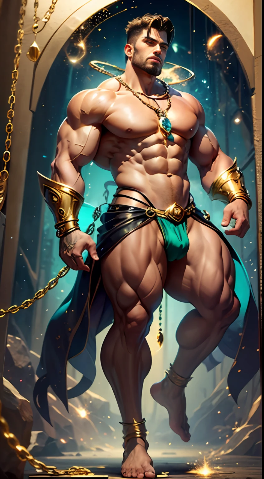 muscular man wearing beautiful golden amulet with chains, man with golden hoopoe wearing micro thong with bulge, futa contour, details in the bulge, manly man, handsome man floating with golden particles, all made of gold with emerald faceted in the middle