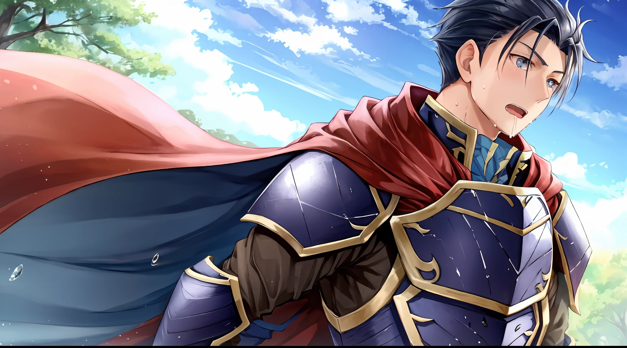 Hector Fey, Ultra High Quality CG, Solo, Looking at the Audience, Open Mouth, Sweaty, Wet, Wet, Drooling, Gloves, 1boy, Upper Body, Male Focus, Sky, Clouds, Cloak, Armor