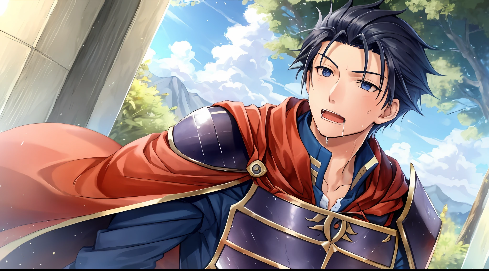Hector Fey, Ultra High Quality CG, Solo, Looking at the Audience, Open Mouth, Sweaty, Wet, Wet, Drooling, Gloves, 1boy, Upper Body, Male Focus, Sky, Clouds, Cloak, Armor
