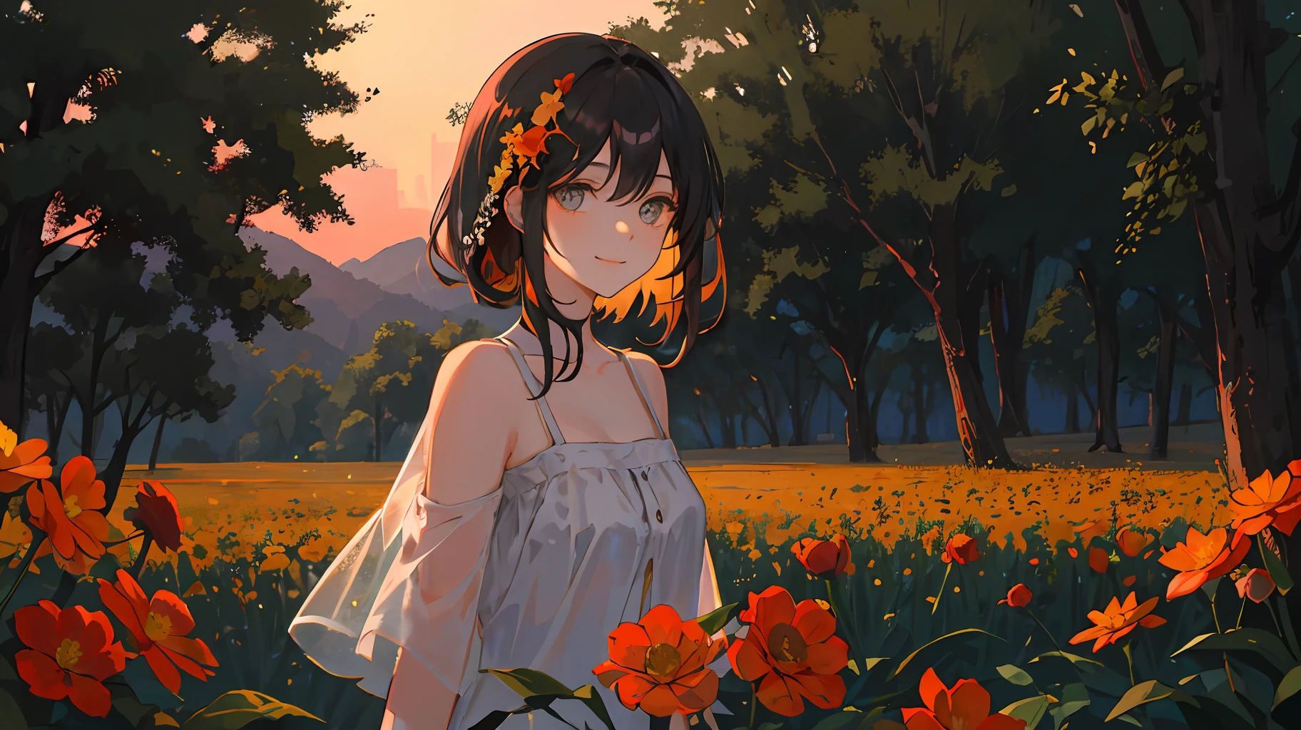 (masterpiece, sidelighting, ultra-detailed, fine detailed beautiful eyes: 1.2), black-haired girl standing alone in the sunset with a smile on her face, the endless orange wildflowers in the flower field are as far away as a dream, hazy and psychedelic, chiaroscuro contrasting shadows, soft sexy light, natural warm sunshine, happiness, delicate face and hair