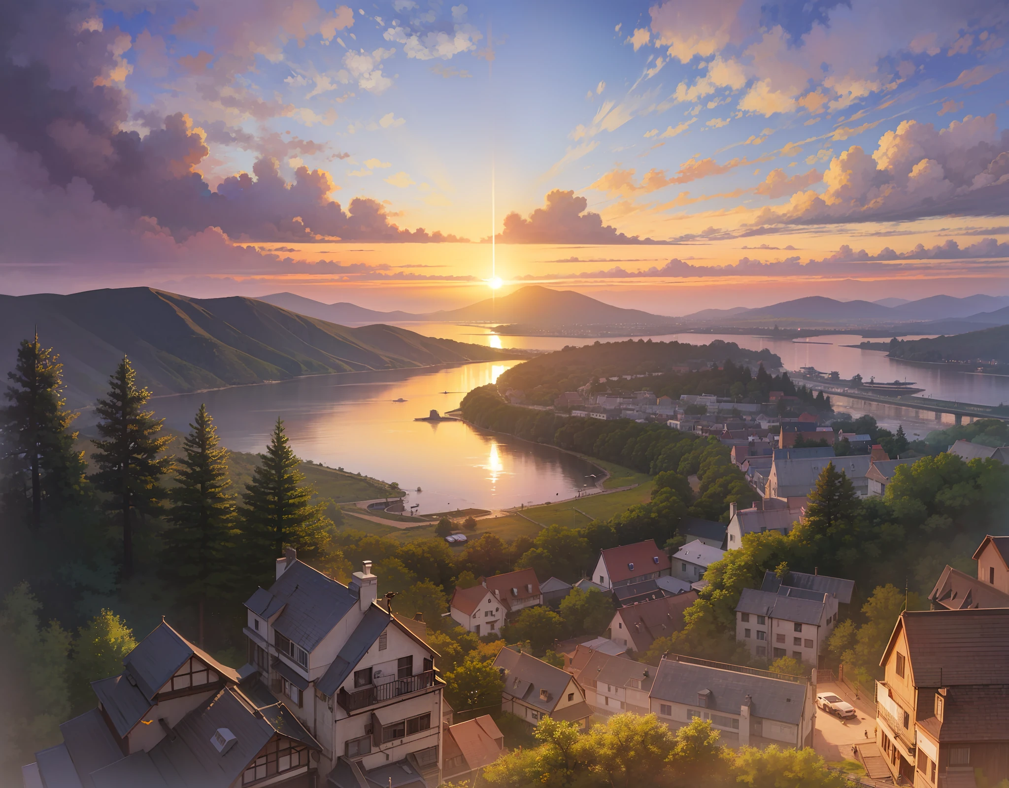 A island, sunset, misty, bird view, by john avon.