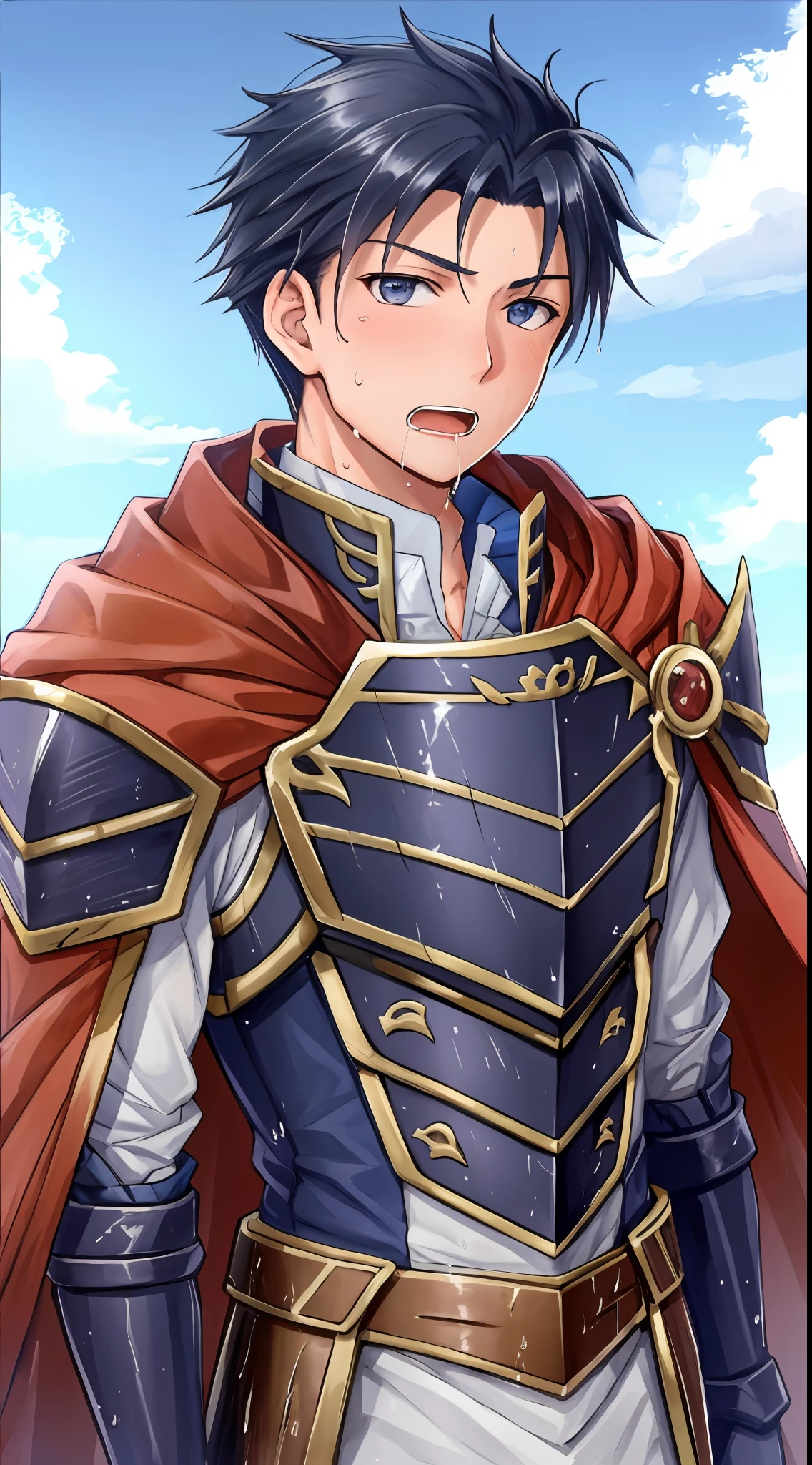 Hector Fey, Ultra High Quality CG, Solo, Looking at the Audience, Open Mouth, Sweaty, Wet, Wet, Drooling, Gloves, 1boy, Upper Body, Male Focus, Sky, Clouds, Cloak, Armor