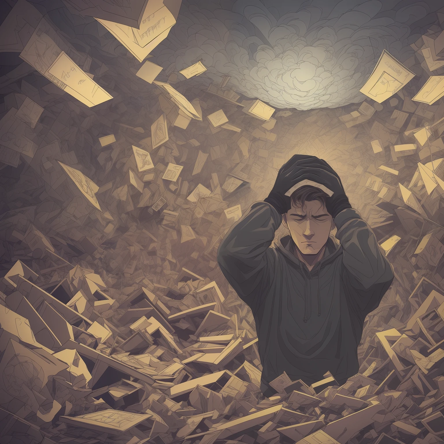 Draw a picture of a person with a head full of dark, heavy clouds, symbolizing the negative thoughts that overwhelm him.
Create an illustration of a chaotic room, with thoughts represented as fluctuating, disordered objects, depicting the mental disorder caused by the bad thoughts. --auto