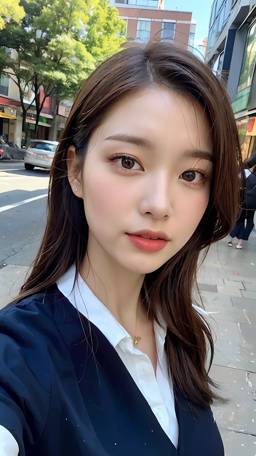 (8k, RAW photos, top quality, masterpiece: 1.2), ultra detailed, super resolution, (real, real photos: 1.37), portraits, high definition RAW color photos, professional photos, very detailed and beautiful, highly detailed, 8k wallpapers, amazing details, huge file size, official art, highly detailed CG Unity 8k wallpapers, highly detailed beautiful girls, highly detailed faces, very detailed eyes, very detailed skin, highly detailed fingers, very detailed nose, very detailed detailed mouth, very beautiful face and eyes, full body, tall beautiful woman walking around the city in uniform, huge breasts, (: 1.23), JK uniform, seifuk, cute core, schoolgirl, korean girl, city, outside, street