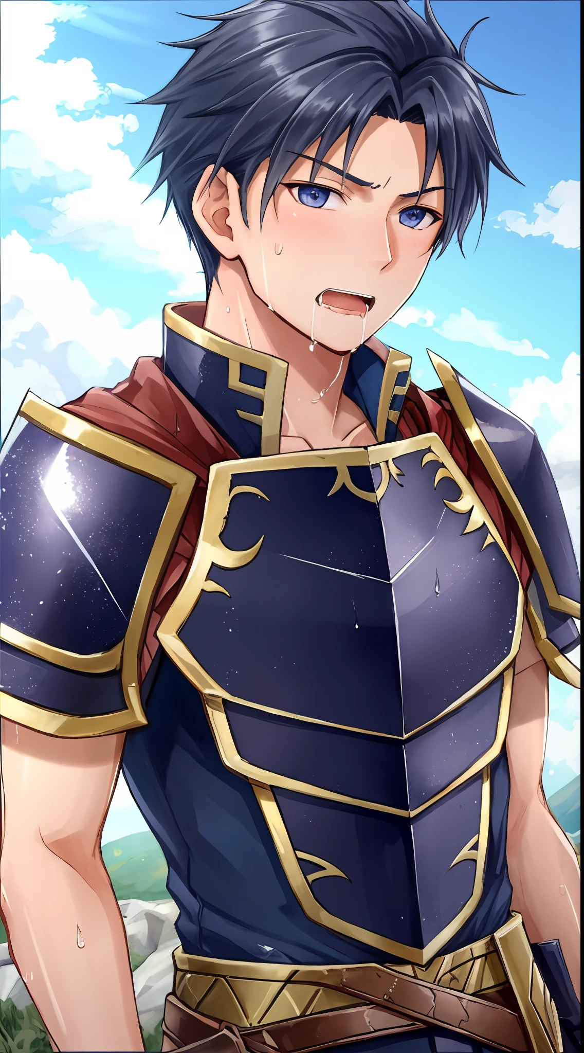 Hector Fey, Ultra High Quality CG, Solo, Looking at the Audience, Open Mouth, Sweaty, Wet, Wet, Drooling, Gloves, 1boy, Upper Body, Male Focus, Sky, Clouds, Cloak, Armor