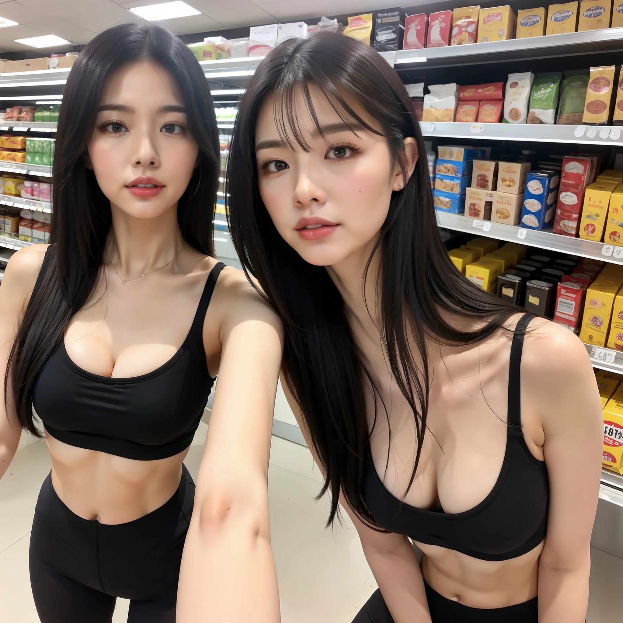 pretty face, thai woman, 35 yo, black hair, complex hair, (one), alluring, slim figure, in the supermarket, medium shot, sports bra, yoga pants, backlit, (realistic), (masterpiece), (beautiful face), (ultra-real)