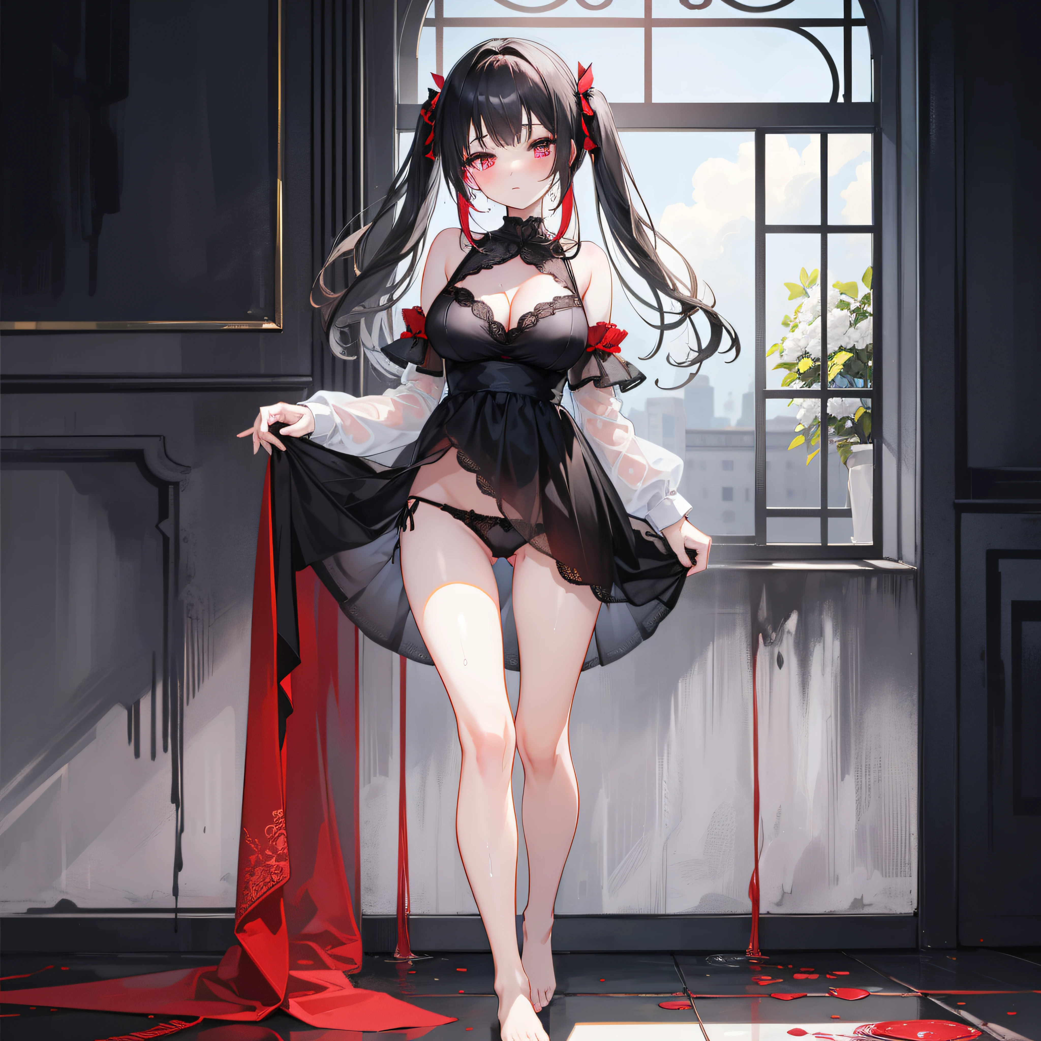 1girl, featuring panties, black lingerie panties, black lace stockings with red details, masterpiece, best quality, very detailed, opening between leg, wet panties 1girl, holding panties, upper body, rizu-kyun, black panties,, masterpiece, best quality, highly detailed, full body, large legs, only black panties, standing, bare feet