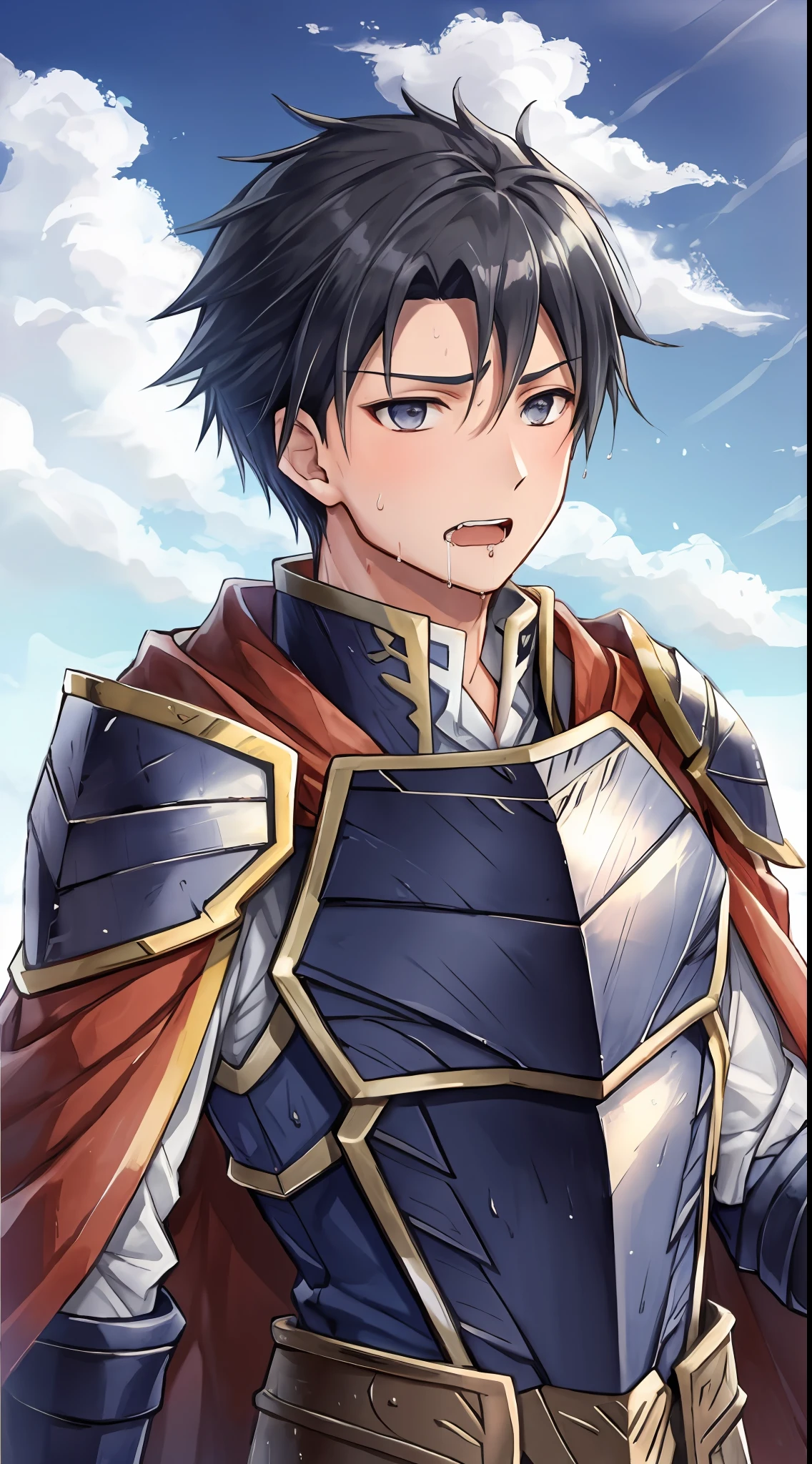 Hector Fey, Ultra High Quality CG, Solo, Looking at the Audience, Open Mouth, Sweaty, Wet, Wet, Drooling, Gloves, 1boy, Upper Body, Male Focus, Sky, Clouds, Cloak, Armor