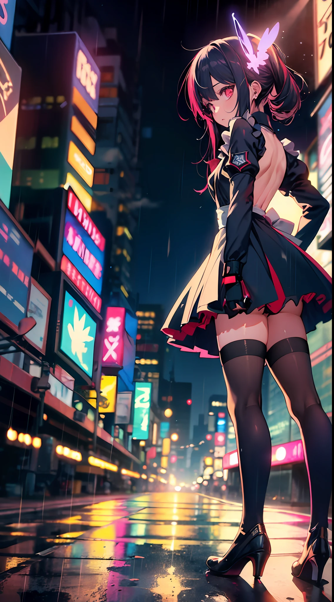 Night, colorful cyberpunk city background, rain, street, maid, , red eyes, glowing eyes, black stockings, backlight, glow, looking at the audience, low angle lens, looking up lens, perfect composition, perfect light and shadow delicate, 8k