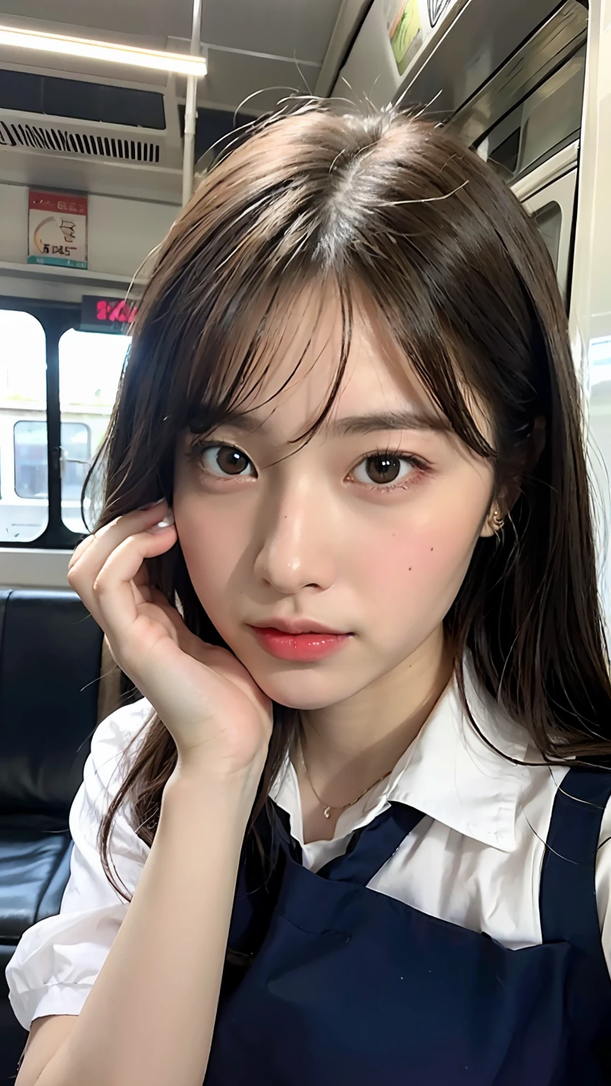 8k, RAW photos, top quality, masterpiece: 1.2), ultra detailed, super resolution, (real, real photos: 1.37), portraits, high-definition RAW color photos, professional photos, very detailed and beautiful, very detailed, 8k wallpapers, amazing details, huge file size, official art, highly detailed CG Unity 8k wallpapers, highly detailed beautiful girls, highly detailed faces, Very detailed eyes, very detailed skin, very detailed fingers, very detailed nose, very detailed detailed mouth, very beautiful face and eyes, full body, tall beautiful woman riding train in uniform, huge breasts, (loli:1.23), JK uniform, seifuku, cute core, high school girl, korean girl, train, commuting
