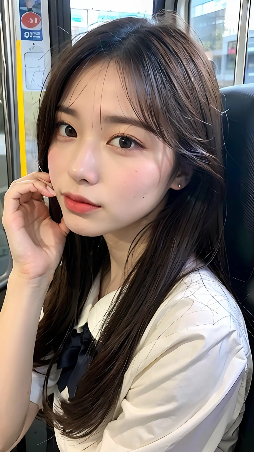 8k, RAW photos, top quality, masterpiece: 1.2), ultra detailed, super resolution, (real, real photos: 1.37), portraits, high-definition RAW color photos, professional photos, very detailed and beautiful, very detailed, 8k wallpapers, amazing details, huge file size, official art, highly detailed CG Unity 8k wallpapers, highly detailed beautiful girls, highly detailed faces, Very detailed eyes, very detailed skin, very detailed fingers, very detailed nose, very detailed detailed mouth, very beautiful face and eyes, full body, tall beautiful woman riding train in uniform, huge breasts, (loli:1.23), JK uniform, seifuku, cute core, high school girl, korean girl, train, commuting