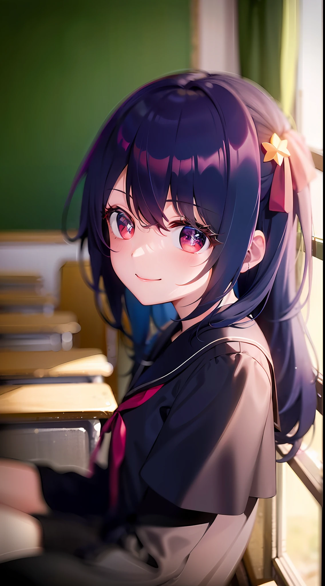 Empty classroom after school, classroom scene, sunlight shining in through the window, (a lazy cute girl lying on her desk, looking at the audience, Smile: 1.3), solo, hair ornament on left, (half-off JK school uniform), black summer short-sleeved school uniform, (red eyes, stars in the eyes), classroom, (desk), curtains, windows, front, fantasy, (upper body) (large classroom: 1.2) (large scene), medium and long shot, denim lens, (colorful: 1.2) (best quality: 1.2), master work, (high accuracy: 1.1), 8k resolution, (rich detail), delicate, clear background, noise reduction, complex details, super detailed, very detailed, complex, small details, CG, fresh