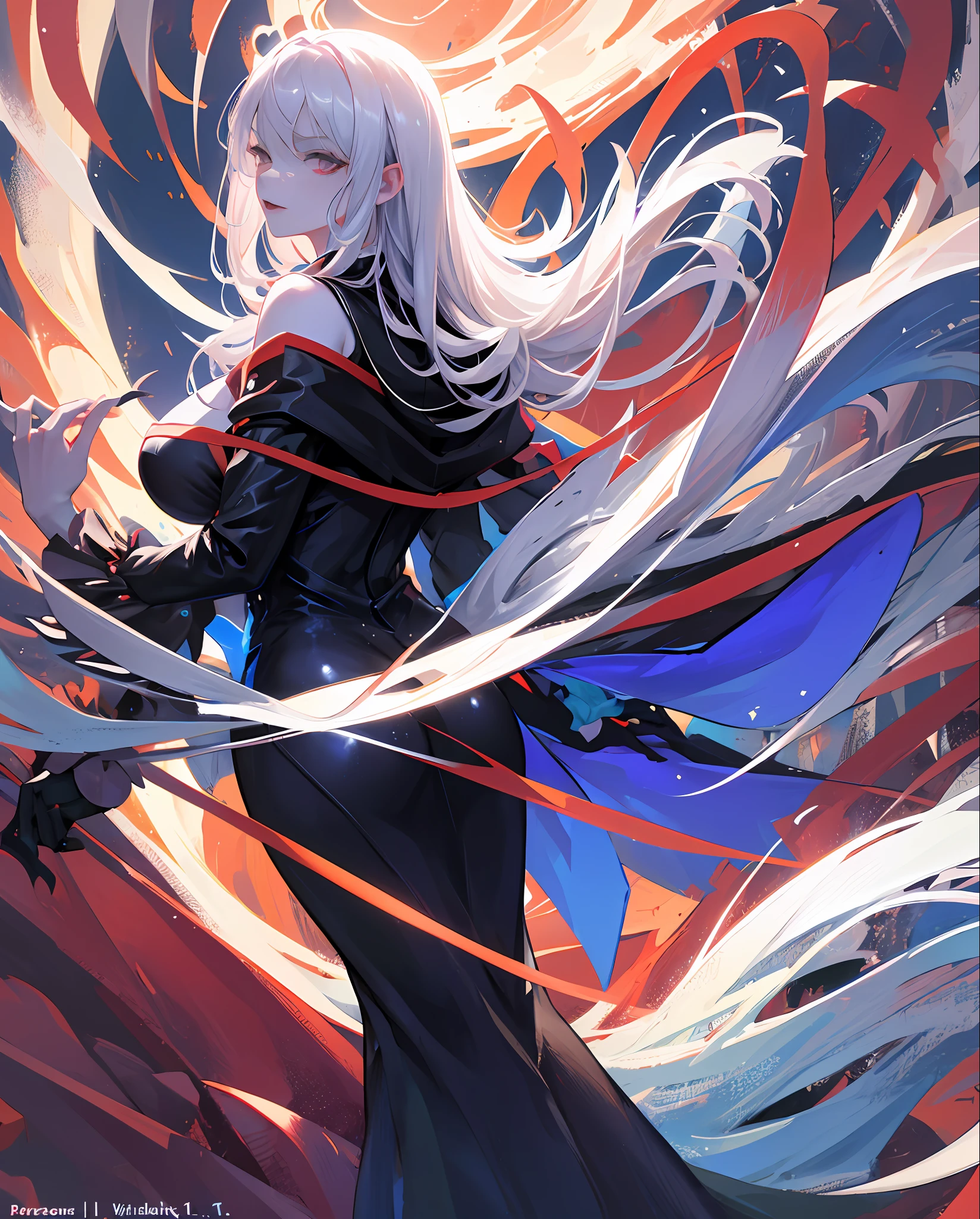 Ultra High Definition, (Photorealistic: 1.4), 1 Woman, Silver Hair, Shiny Skin, Pale, Dramatic Lighting, (Fantasy), Vampire, Big, Sexy, Long Dress with Black Hemm, Bewitching, Wind, Turned Back, Abstract Background, 8K
