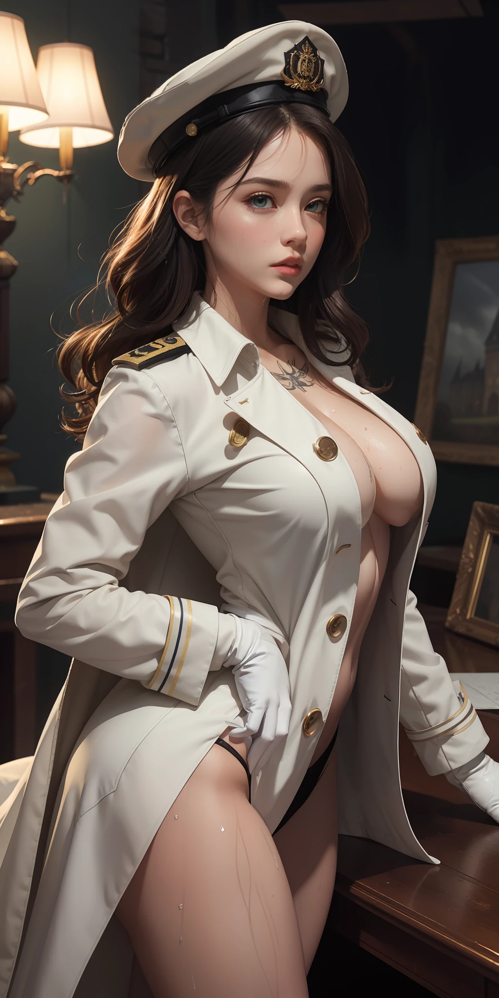 Very detailed CG, 1 girl, red face, slightly open lips, wet body, plump and symmetrical breasts, raised buttocks, long white trench coat, two-breasted buttons, buttoned well, white military cap, white gloves, white boots, green wavy curls, leather whip, tattoo, chest bump close-up, buttocks close-up, multiple angles, black sky, gloomy castle, dynamic angle, flowing, 8k wallpaper, masterpiece, best quality, super detailed, best lighting, best shadows