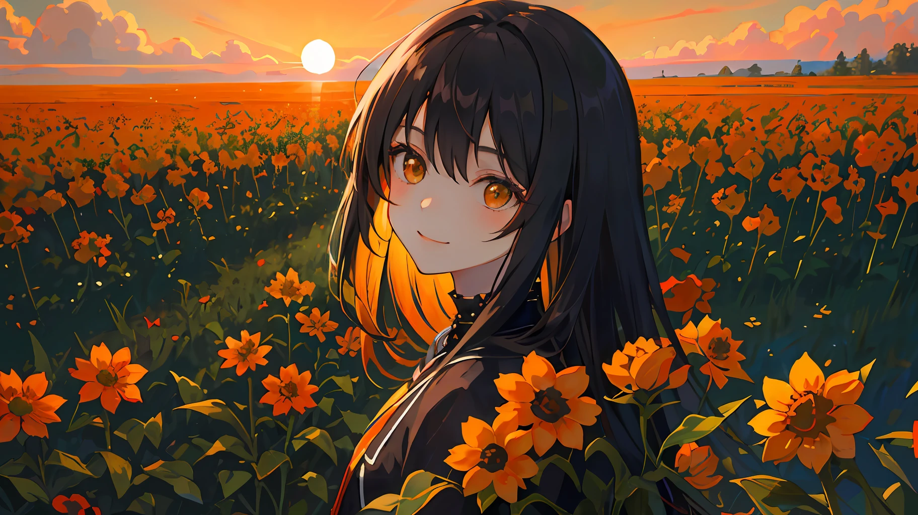 (masterpiece, sidelighting, ultra-detailed), black-haired girl standing alone in the sunset with a smile on her face, the endless orange wildflowers in the flower field are out of reach like a dream, hazy and psychedelic, bright shadows of light and dark, soft sexy light, natural warm sunshine, happiness, delicate face and hair