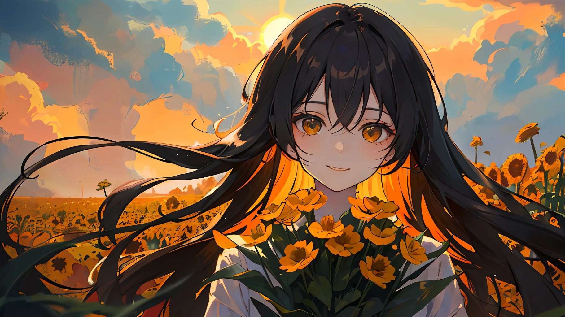 (masterpiece, sidelighting, ultra-detailed), black-haired girl standing alone in the sunset with a smile on her face, the endless orange wildflowers in the flower field are out of reach like a dream, hazy and psychedelic, bright shadows of light and dark, soft sexy light, natural warm sunshine, happiness, delicate face and hair