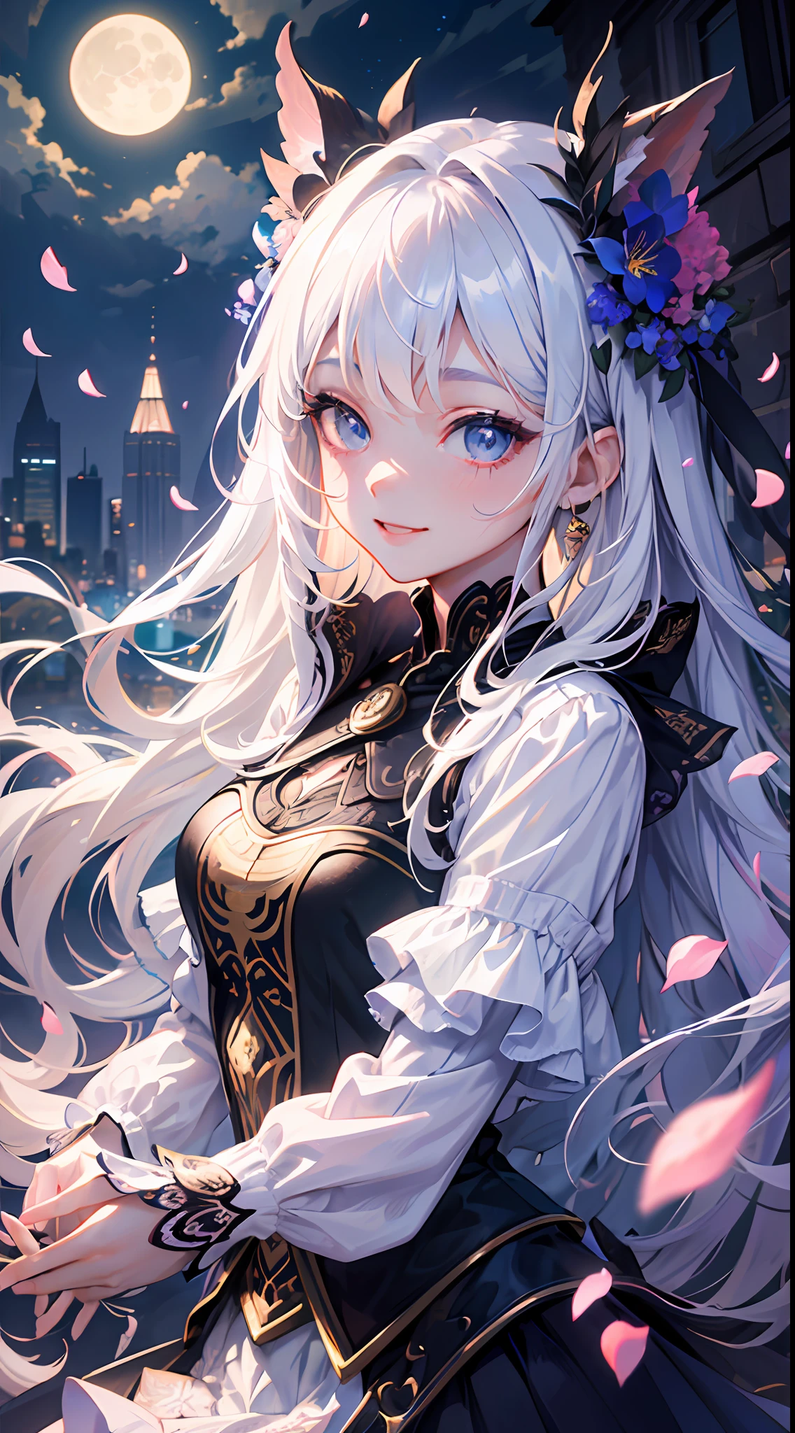 masterpiece, best quality, 1girl, (colorful),(finely detailed beautiful eyes and detailed face),cinematic lighting,bust shot,extremely detailed CG unity 8k wallpaper,white hair,solo,smile,intricate skirt,((flying petal)),(Flowery meadow) sky, cloudy_sky, building, moonlight, moon, night, dark theme, light, fantasy,