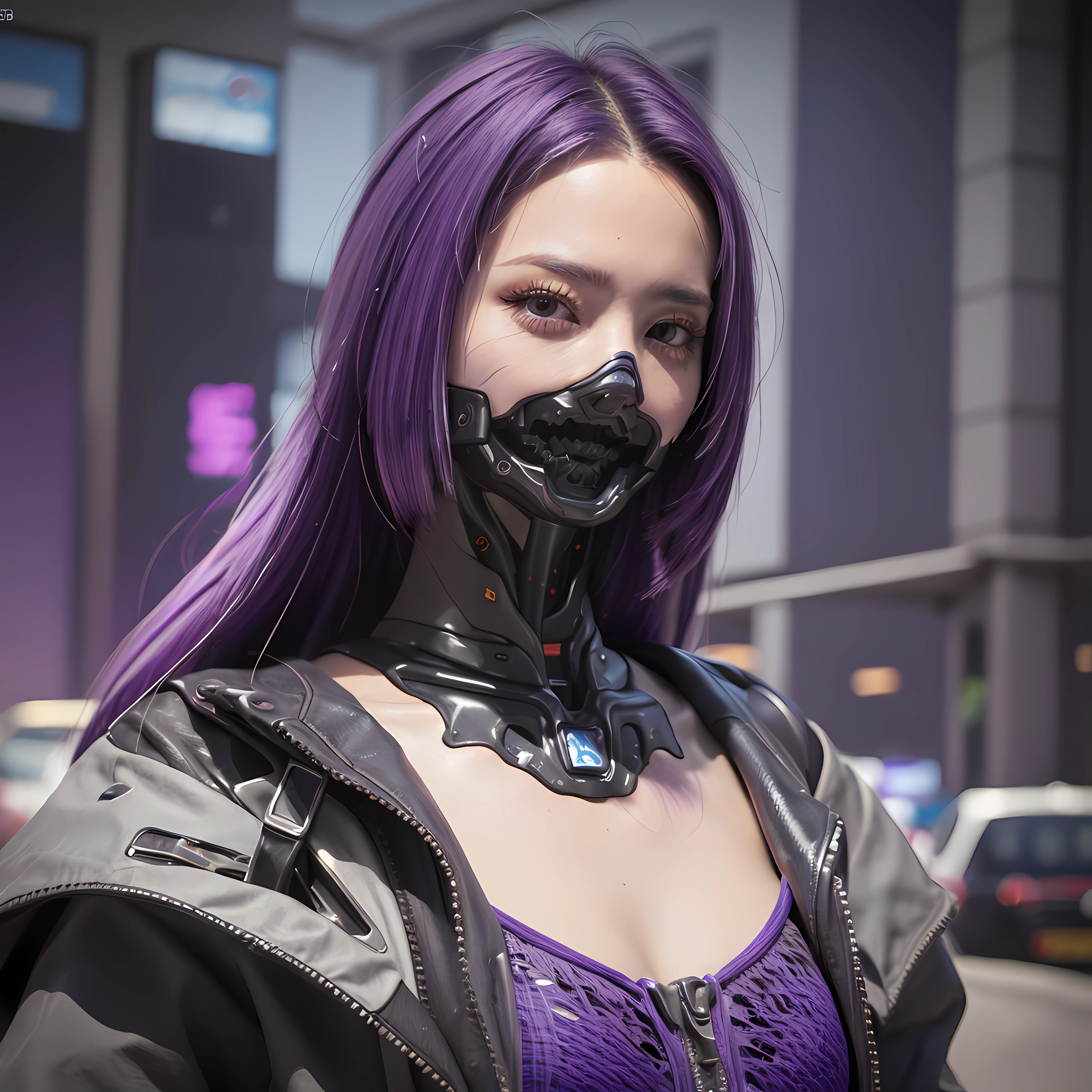 (Photorealistic:1.4), (Best Quality:1.0), (Ultra Resolution:1.0), (8K, RAW Photo), (Masterpiece:0.2), Portrait, Facial Focus, (Cybernetic_Jawless), mask, mechanical parts, cybernetics, 1 girl, asian girl, jacket, (long hair:1.5), (purple hair:1.5), Cyberpunk Street background, (neon: 1.2),