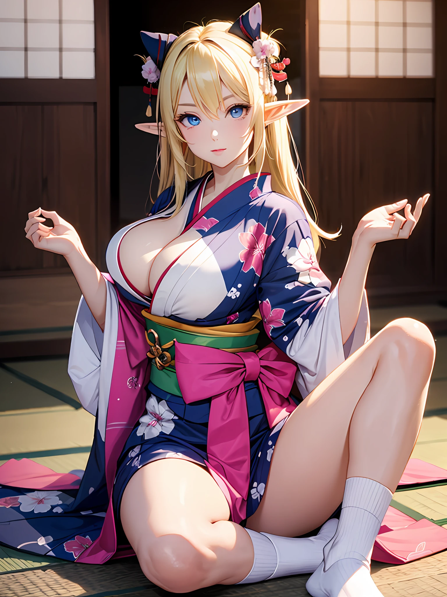 Elf, big breasts, pretty, white skin, blue eyeballs, blonde hair, white socks, pink geisha kimono