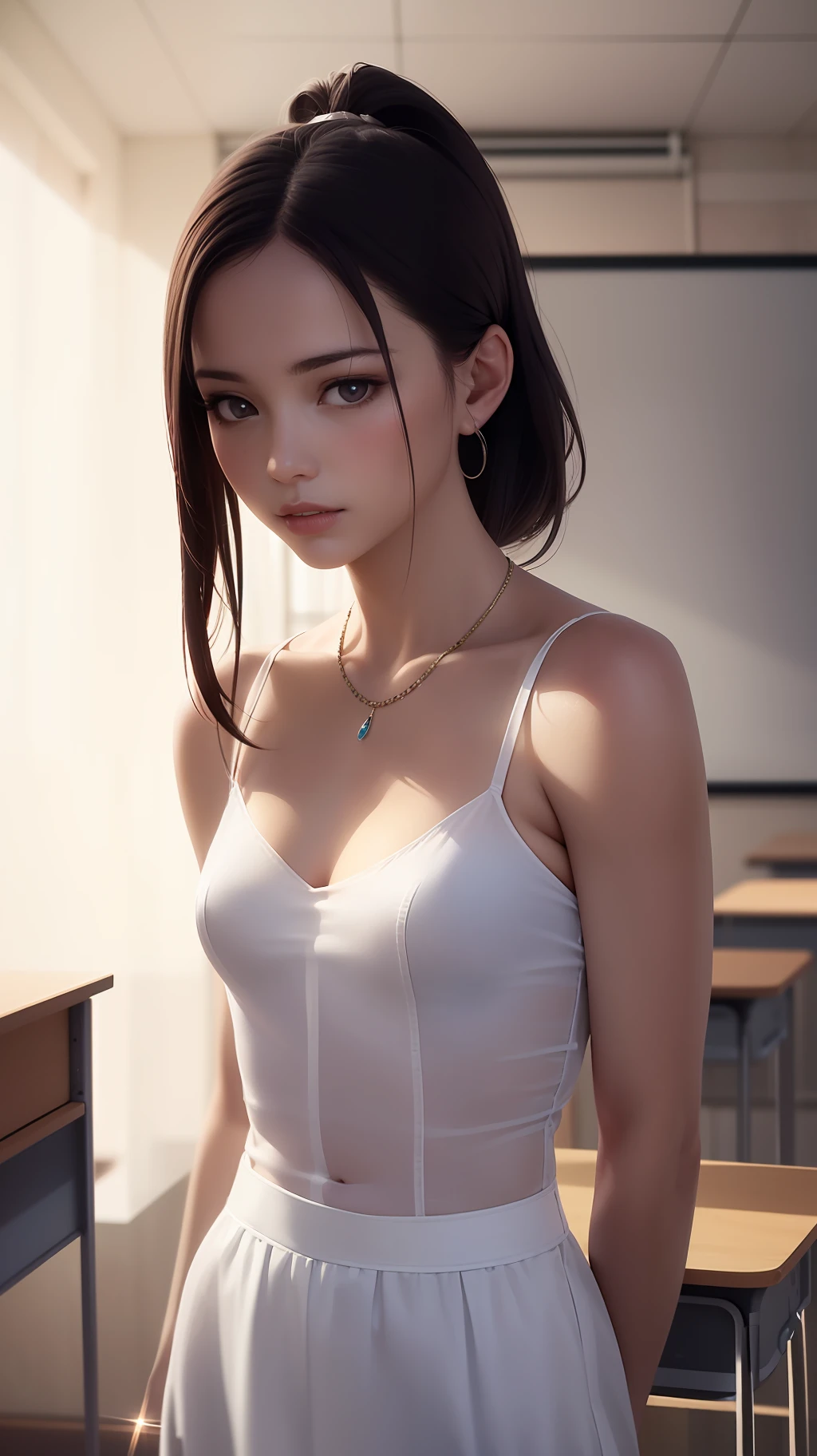 ((standing in a night classroom)), solo, 1 female, (low-key lighting),(night),Random posture, (An extremely delicate and beautiful work), (masterpiece), 1girl, a girl in a white shirt, black thight skirt, highly detailed, (((narrow waist, small breasts))), ponytail contorted, sensual expression, beautiful and clear eyes, delicate necklace, delicate earrings, simple blurred background, extreme detail description, beautiful, charming, ultra-fine photo, delicate face, delicate figure, Fine collarbones, lovely lips, beautiful breasts, soft behind, mix4,(8k, RAW photo, best quality, masterpiece:1.2), (realistic, photo-realistic:1.37),1girl,cute, classroom, night, professional lighting, photon mapping, radiosity, physically-based rendering,