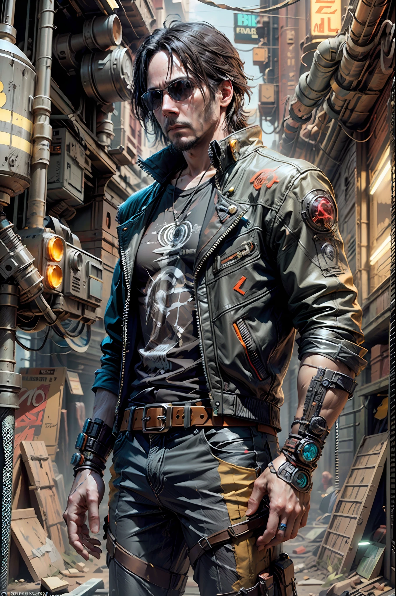 close shot Keanu Reeves as a cyberpunk assassin, colorful cyberpunk city background, cyberpunk mechanical gear, standing and looking at viewers cyberpunk mechanical parts, (futuristic mechanical arms and eye with neon light detail),BREAK,Detailed,Realistic,4k highly detailed digital art,octane render, bioluminescent, BREAK 8K resolution concept art, realism,by Mappa studios,masterpiece,best quality,official art,illustration,ligne claire,(cool_color),perfect composition,absurdres, focused