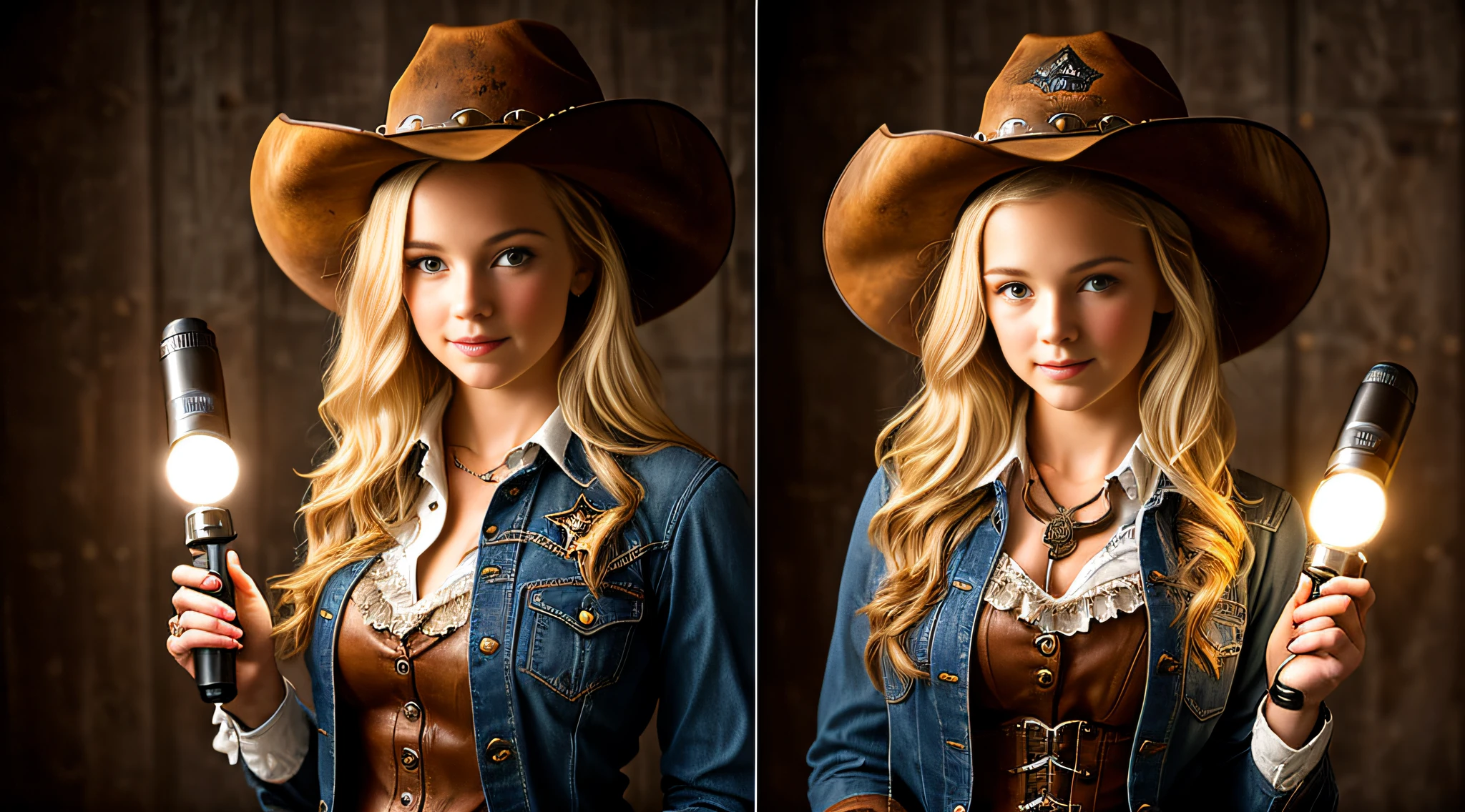 arafed BLONDE girl in a cowboy hat holding a flashlight, holding a flashlight, cowgirl, girl under flashlight, western cowgirl, dressed as a western sheriff, cow-girl, beautiful cowboy witch, young girl in steampunk clothes, female cowgirl, girl, by Linda Sutton, child, lighting, photo of girl, wearing a cowboy hat, next generation, portrait sturdy girl