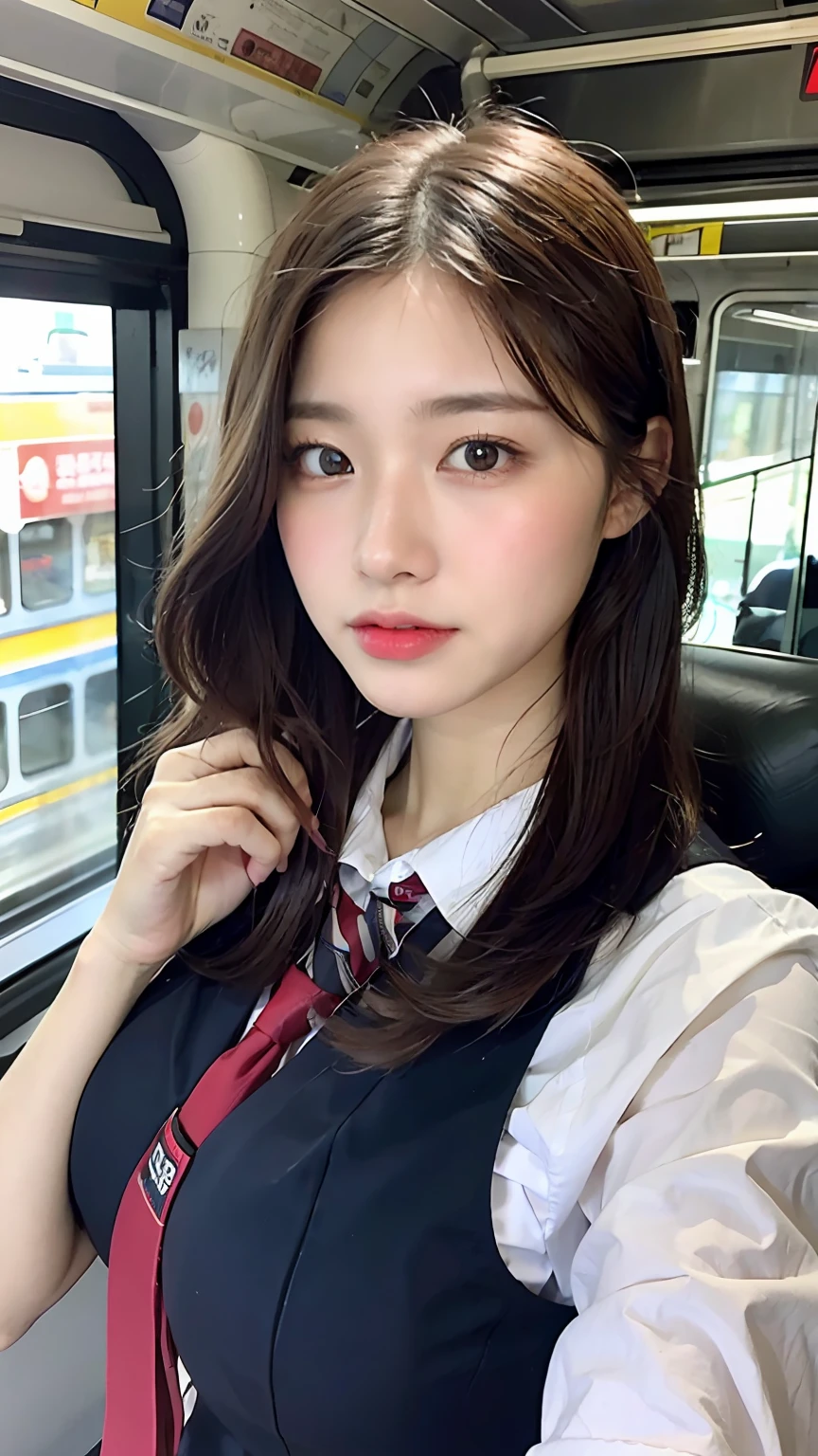 8k, RAW photos, top quality, masterpiece: 1.2), ultra detailed, super resolution, (real, real photos: 1.37), portraits, high-definition RAW color photos, professional photos, very detailed and beautiful, very detailed, 8k wallpapers, amazing details, huge file size, official art, highly detailed CG Unity 8k wallpapers, highly detailed beautiful girls, highly detailed faces, Very detailed eyes, very detailed skin, very detailed fingers, very detailed nose, very detailed mouth with very beautiful face and eyes, ((full body)), tall beautiful woman riding train in uniform, huge breasts, (loli: 1.23), JK uniform, Seifuku, cute core, high school girl, korean girl, train, commuting to school
