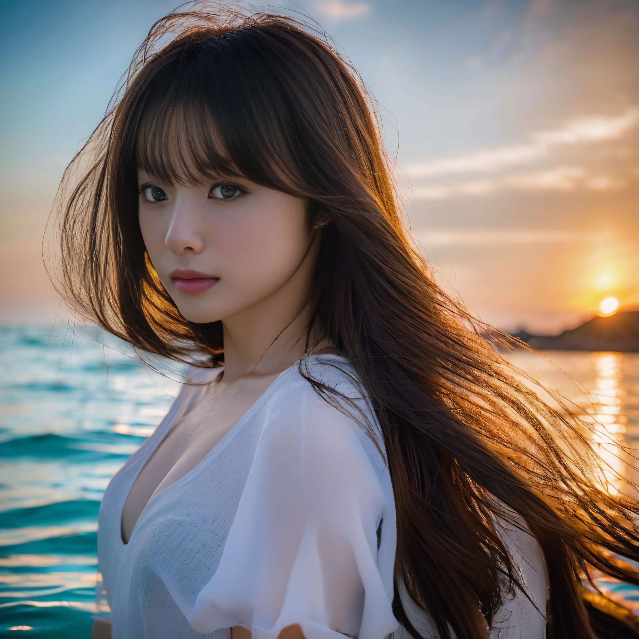 Masterpiece, Best Quality, 8K Resolution, (1 Women: 1.3), (Solo: 1.4), Long Hair, Beautiful Detail Background, Shirt 20 Generation, Fiol, Depth of Field, Blurred Background, Black Hair,, Seawater Background, Partially Submerged, Sunset,Ultra HD