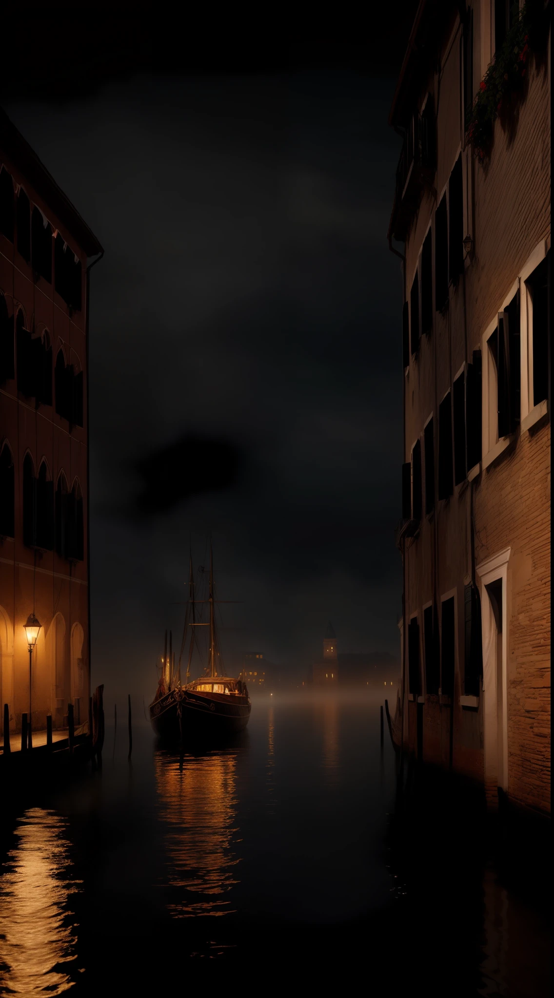 (masterpiece, best quality, ultra high res, CGI, official art:1.2), 14th-century trade vessels, moored at the port of medieval Venice, Italy, (shrouded in the darkness of the bubonic plague:1.4), foreboding atmosphere, imposing Venetian architecture, towering palaces, arched walkways, (Greg Rutkowski-inspired style:1.2), richly textured, intricate stonework, muted color palette, eerie lighting, dense fog, reflections on the canal, dynamic angle, intense emotion, side view.