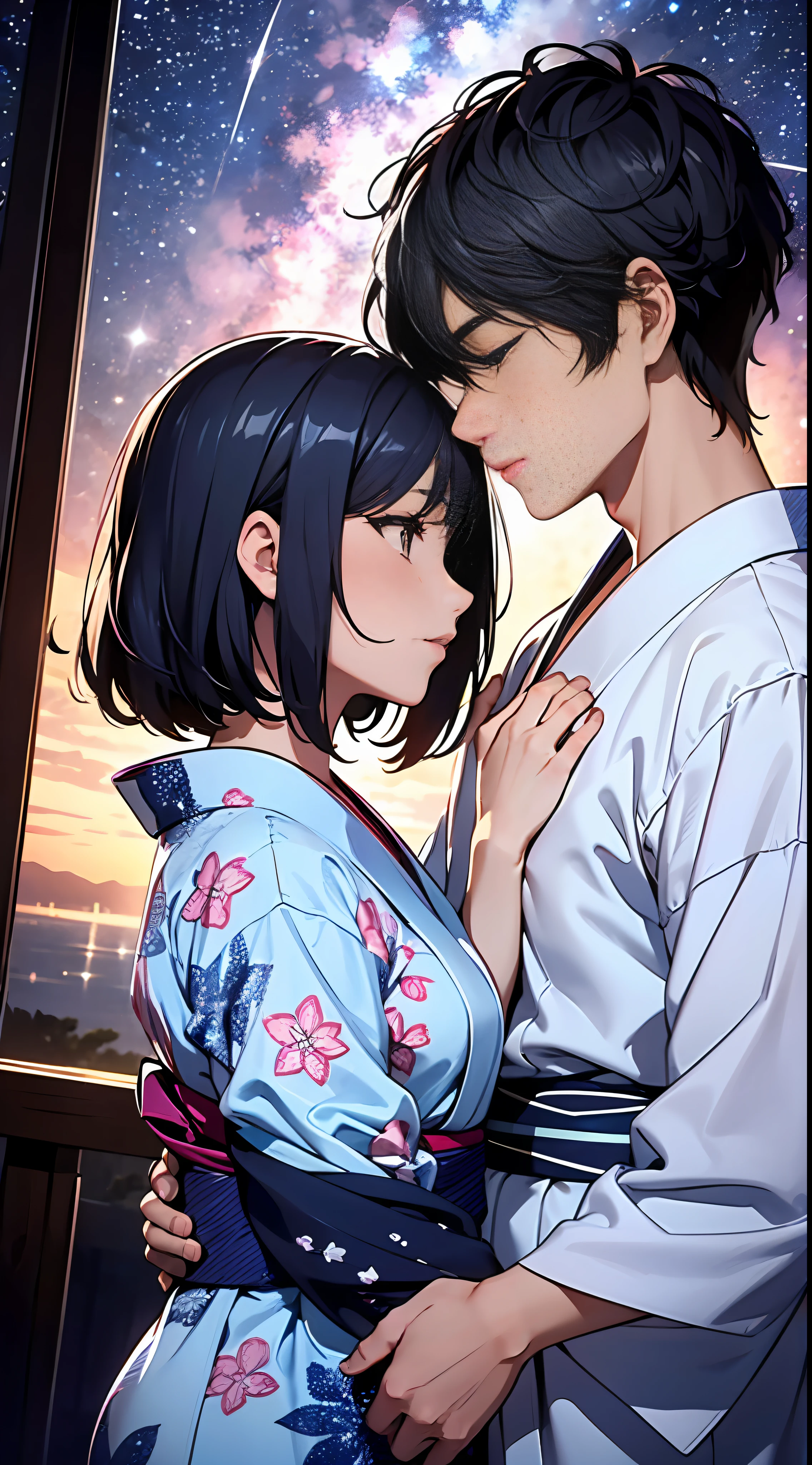 Beautiful detail background, (8K image quality), (Ultra High Definition: 1.2), masterpiece, top quality, high resolution, capture the moment when a man and a woman couple hug and kiss each other in the sparkling starry sky. Women wear yukata that shows their chests, and men wear yukata for men. The scene is depicted in an anime-inspired style, meticulously drawn in every detail and presented in 16k high resolution. The lighting is fantastic, with the intersection of starlight and moonlight, softly illuminating the couple. The colors take advantage of the contrast between the vivid colors of the yukata and the deep blue and white of the starry sky. For compositions, use a medium telephoto lens and make sure the couple is centered on the screen. Shooting stars, detailed facial details