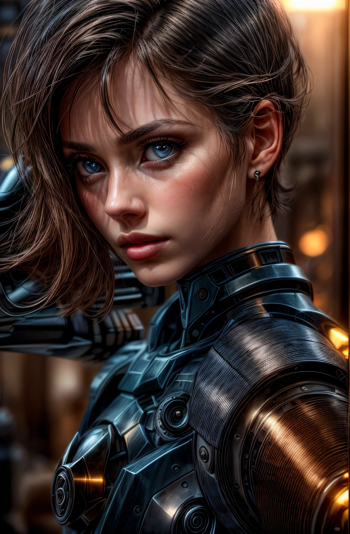 masterpiece, (photorealistic:1.5), realistic, best quality, beautiful lighting, professional lighting, 1girl, black hair, blurry, blue eyes, looking at viewer, solo, parted lips, realistic, short hair, blurry background, lips, depth of field, portrait, film grain, mechanical part, metal arm, metal nose, metal lips