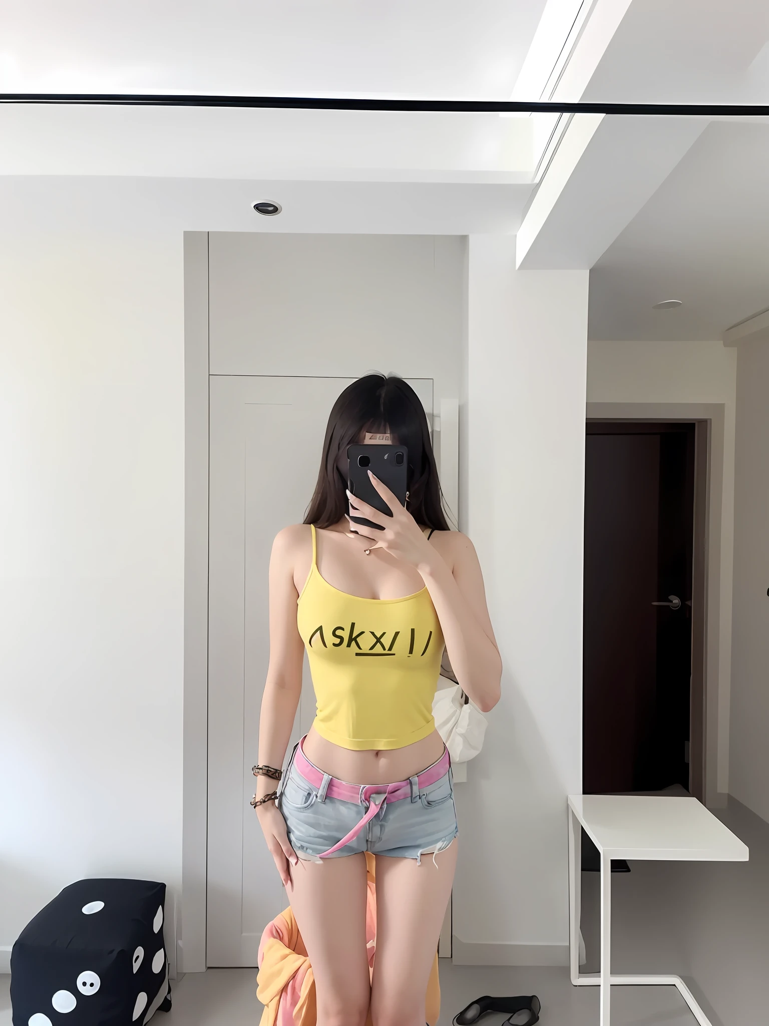 there is a woman taking a picture of herself in a mirror, wearing yellow croptop, 2 4 year old female model, wearing tanktop, wearing tank top, tank top, wearing : tanktop, 19-year-old girl, wearing a tanktop, croptop, 2 7 years old, photo of slim girl, 1 8 yo, jisoo from blackpink