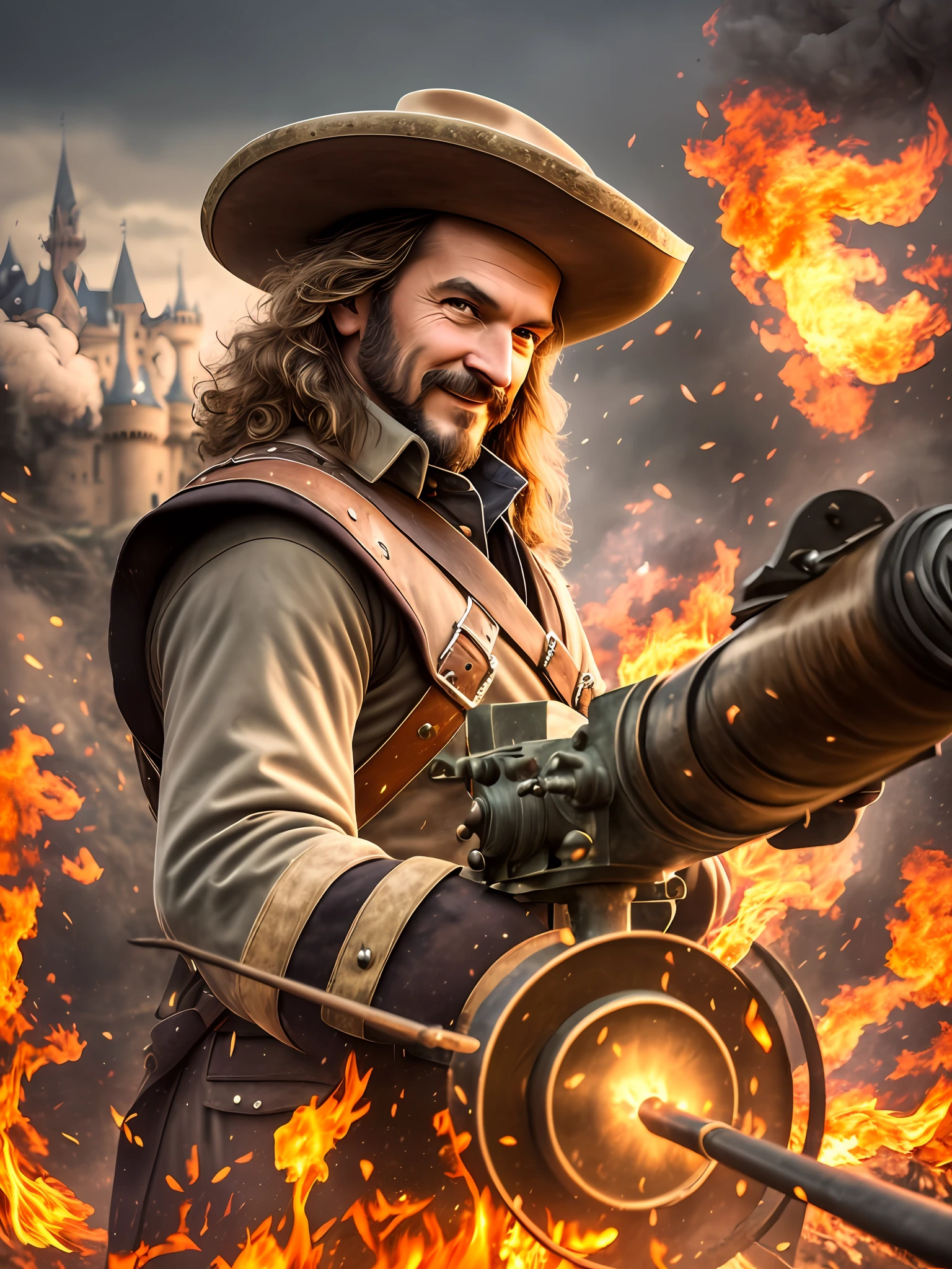 1200s. France. ruined stone fortress. Musketeer - Loading a large cannon - a cannon on wheels, and aiming a cannon at a target, a cunning squint with a smile on his face. Medium portrait in feathered hat and uniform with accessories, professional photography, still from Disney movie, blurred fantasy background, lots of smoke and fire, sparks, 64K --auto --s2