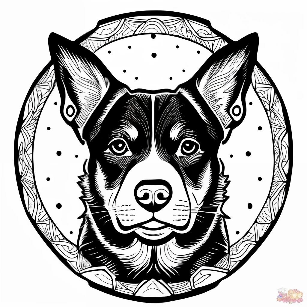 monochrome, coloring page for adults, vectorization, mandala, dog image (Rottweiler), white background, clean line art, fine line art