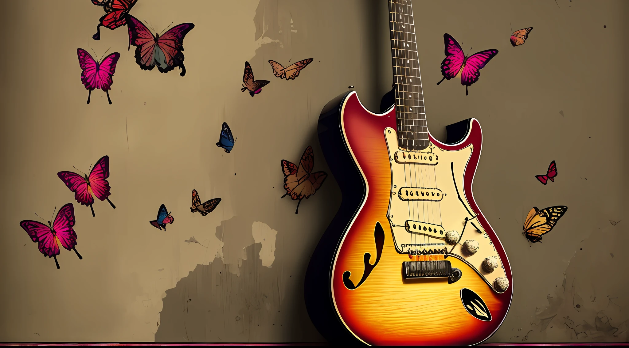 Poster advertised a classic guitar, faded background of subdued colors, multicolored butterflies surround the guitar, musical notes flying around the guitar, slight fog in front of the guitar, many details, black lines furtes, 32 k --auto --s2