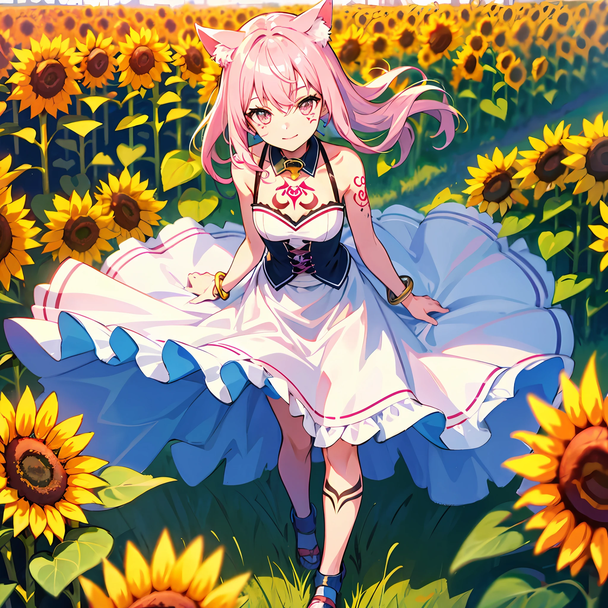 Top Quality, Masterpiece, High Definition, Very Detailed, 8k, One Girl, Cute, Anime, Crystal Clear White Skin, Sensual, Full Body, Young, Junior High School, 13 Years Old, Children, (Hair Color Shining Light Pink), Sunflower Field Spread All Over the Screen, Cat Eared Girl, (Looks Good), Iron Collar, Iron Bangle, Under the Sun, Low Angle, Skirt Lift, Wind, Tattoos on Face, Arms and Legs, Tattoos All Over Body, Tattoos, an ancient city in the distance, pastel colors